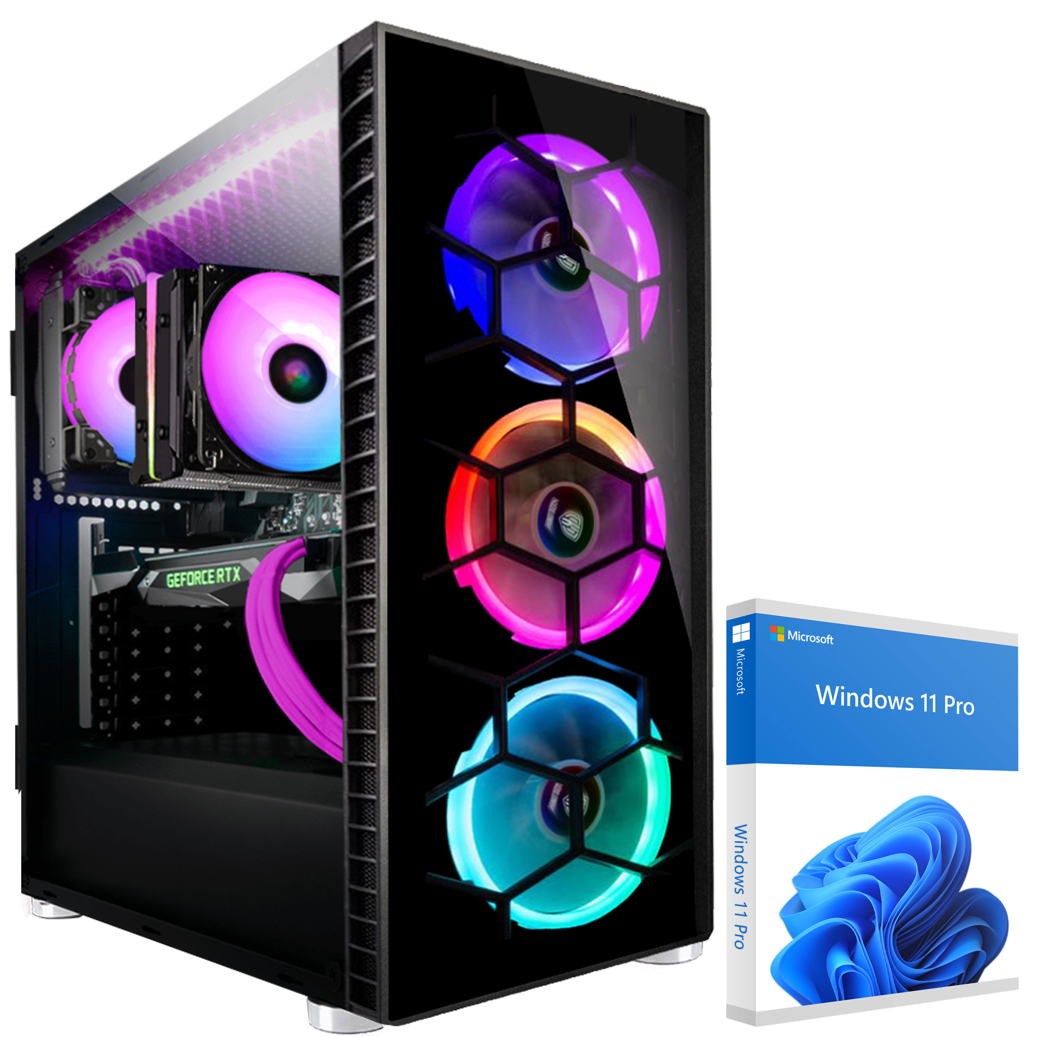 Computergehäuse mit Lüftern, Grafikkarte und Windows 11 Pro Box.