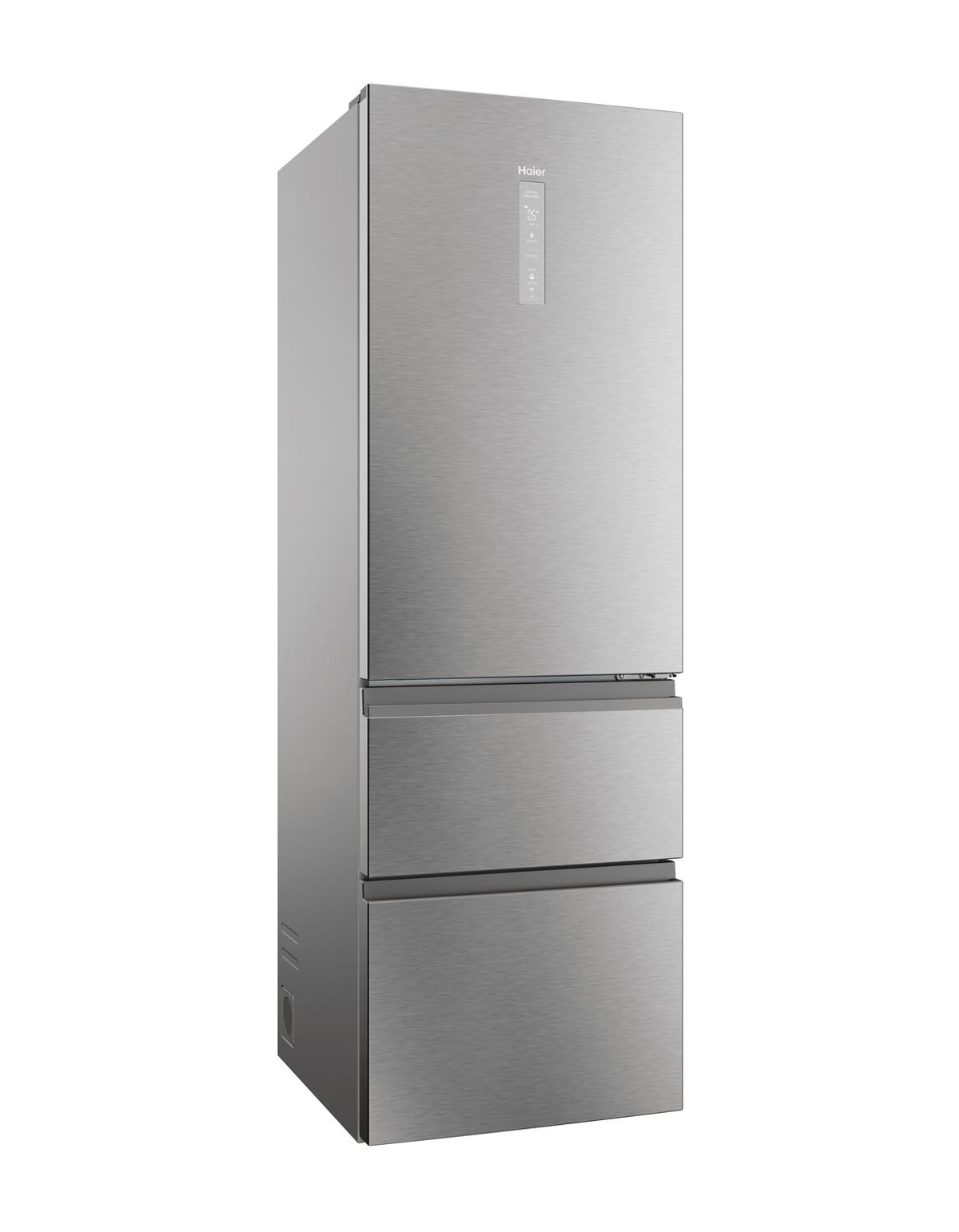 Refrigerador plateado Haier con tres cajones, sobre fondo blanco.