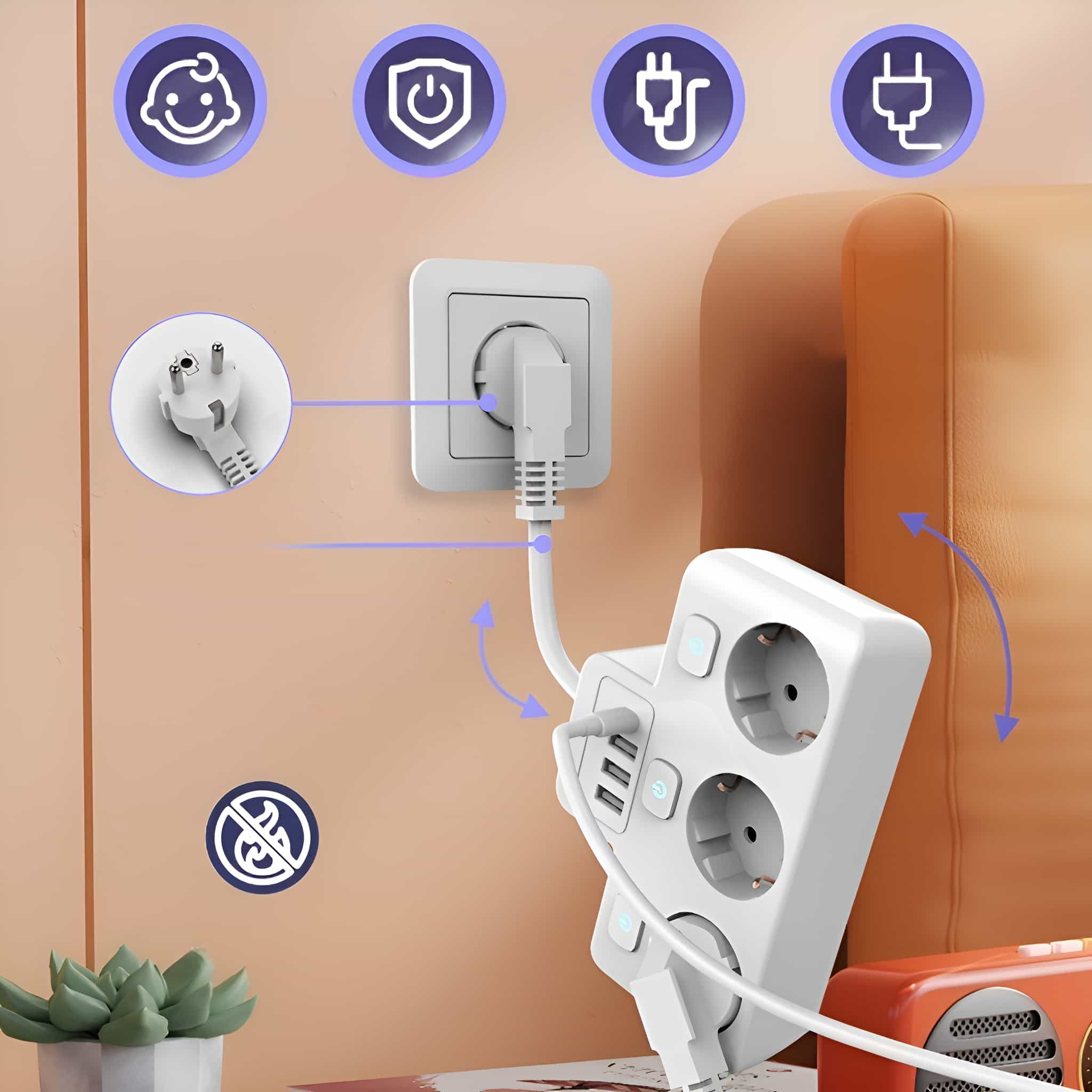 Eine weiße Steckdosenleiste mit mehreren Steckdosen und USB-Anschlüssen an einer Wand.
