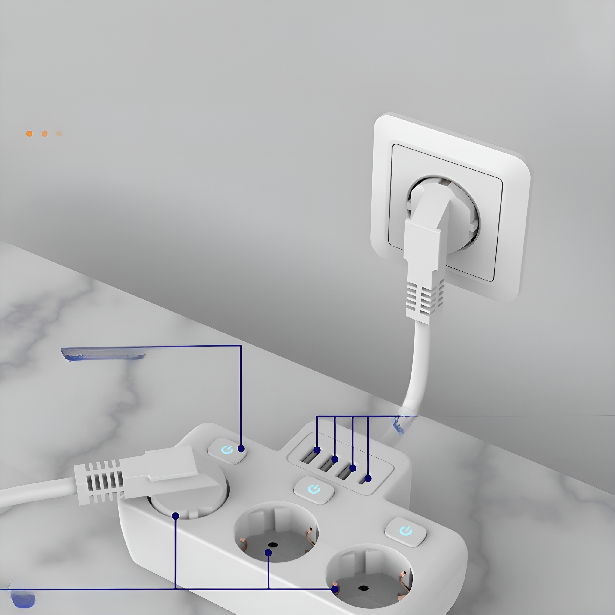 Weiße Steckdosenleiste mit drei Steckdosen, einem Stecker und einer Steckdose.