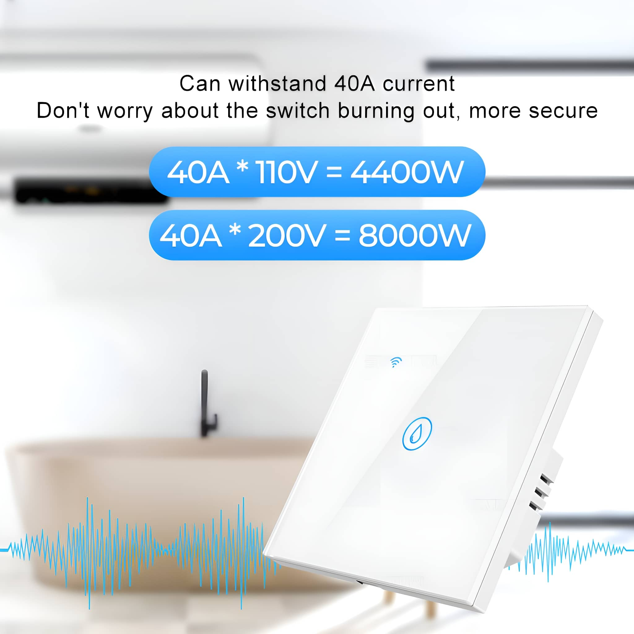 Weißer Smart-Schalter mit blauem Text. Hintergrund zeigt ein Badezimmer.