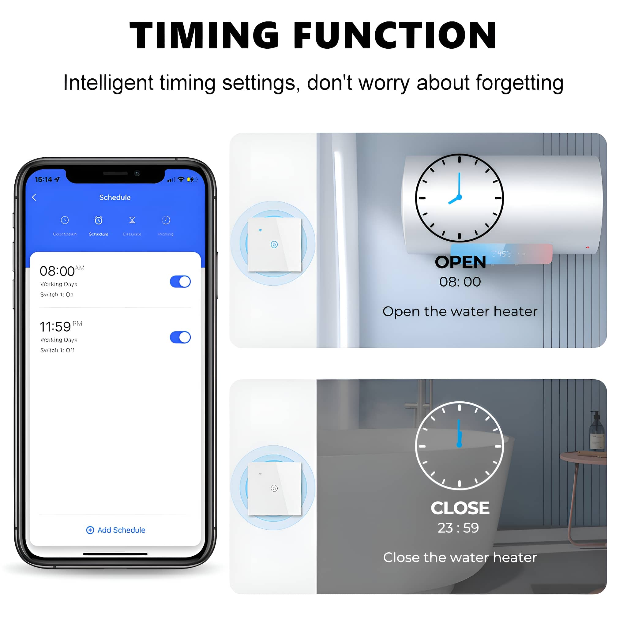 Ein Smartphone-Bildschirm mit Zeiteinstellungen, einer Uhr und einem Badezimmerbild. Der Text lautet 'TIMING FUNCTION'.