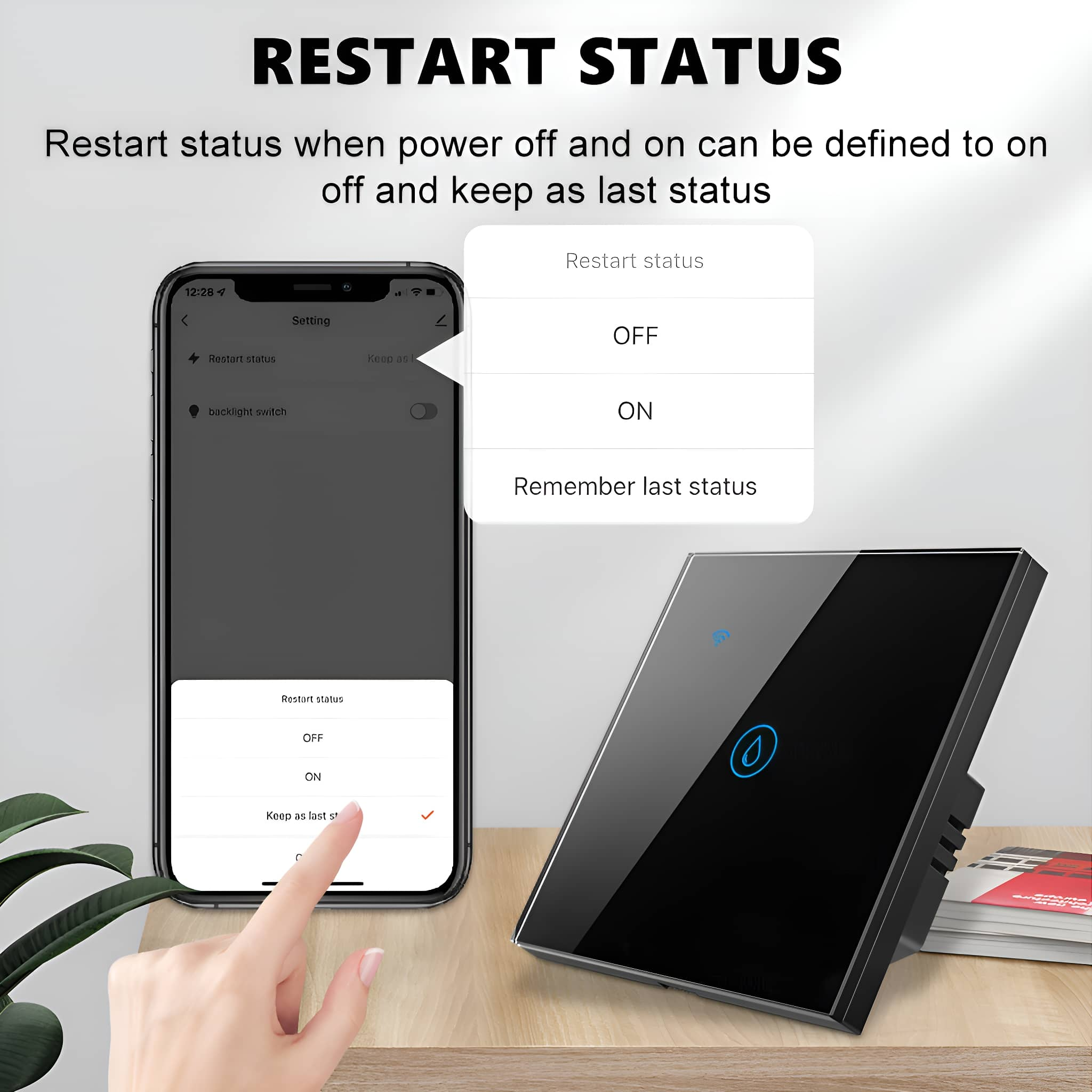 Smartphone zeigt Neustartoptionen: Aus, Ein, Letzten Zustand merken. Neben einem Smart-Switch.