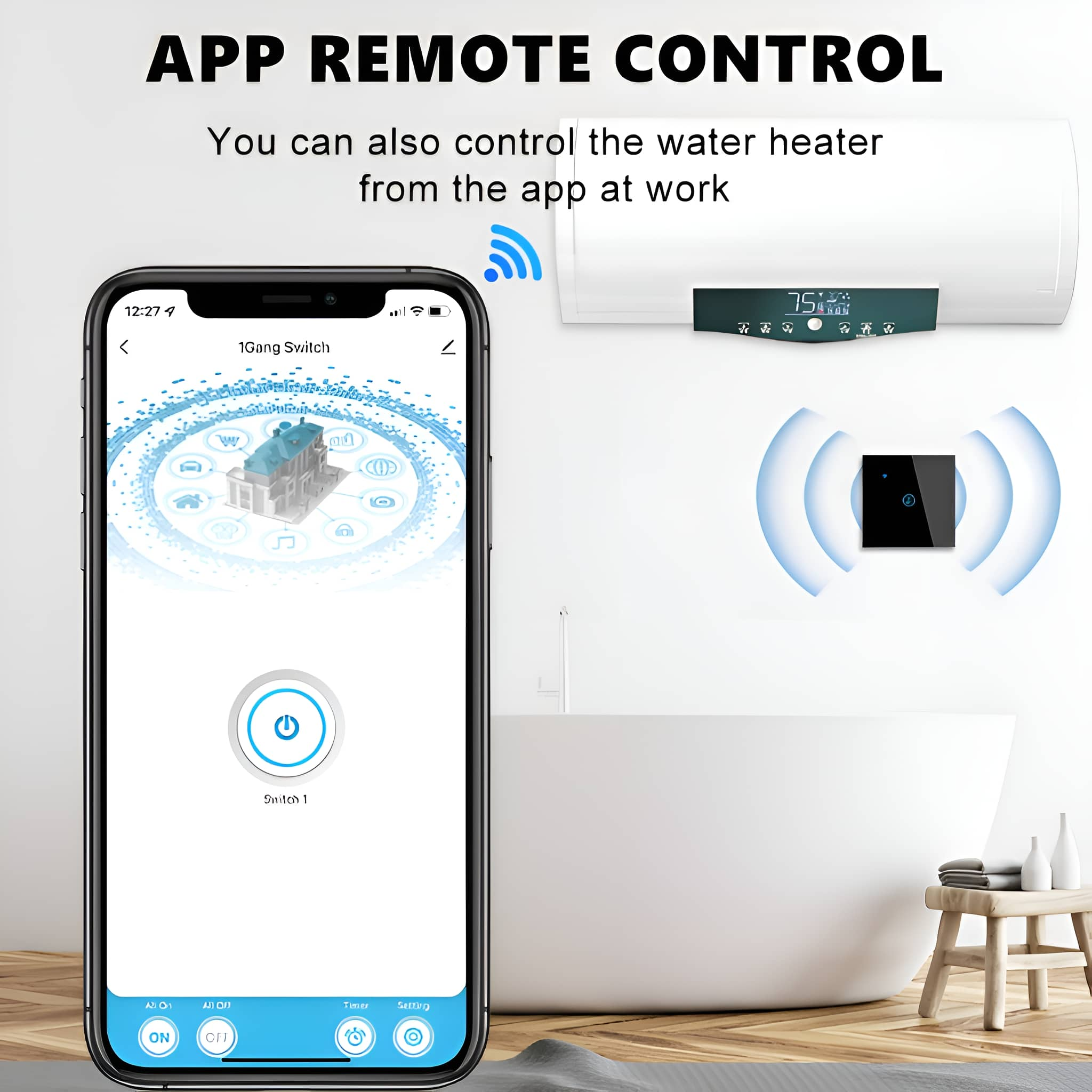 Smartphone zeigt App zur Steuerung eines Warmwasserbereiters. Warmwasserbereiter und Fernbedienung im Bild.