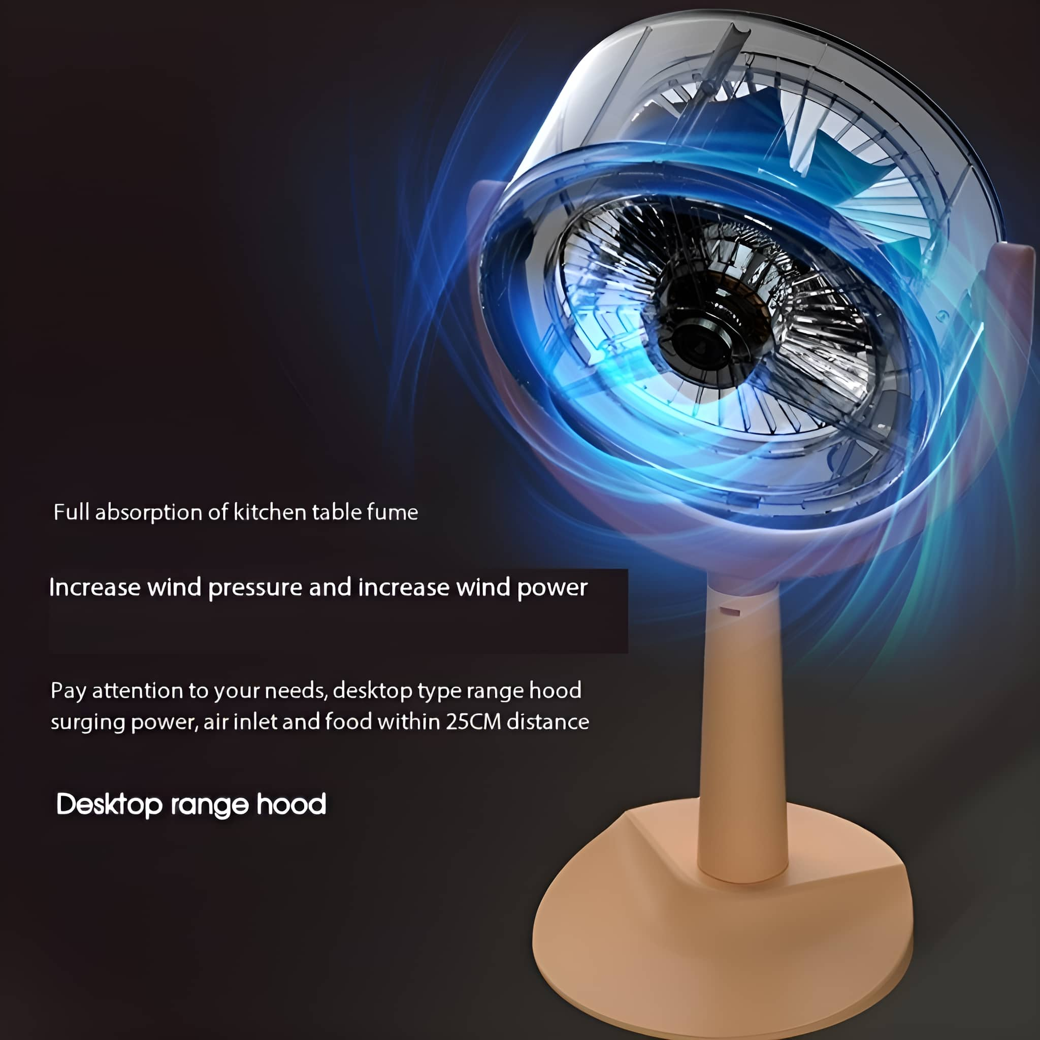 Ein Tischventilator mit blauen Lichteffekten auf dunklem Hintergrund. Text zu den Funktionen sichtbar.