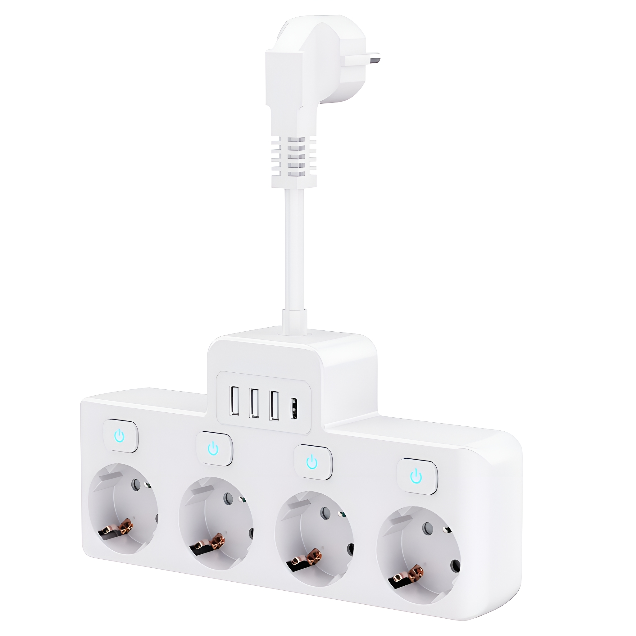 Weiße Steckdosenleiste mit vier Steckdosen und USB-Anschlüssen. Weißer Stecker. Weißer Hintergrund.