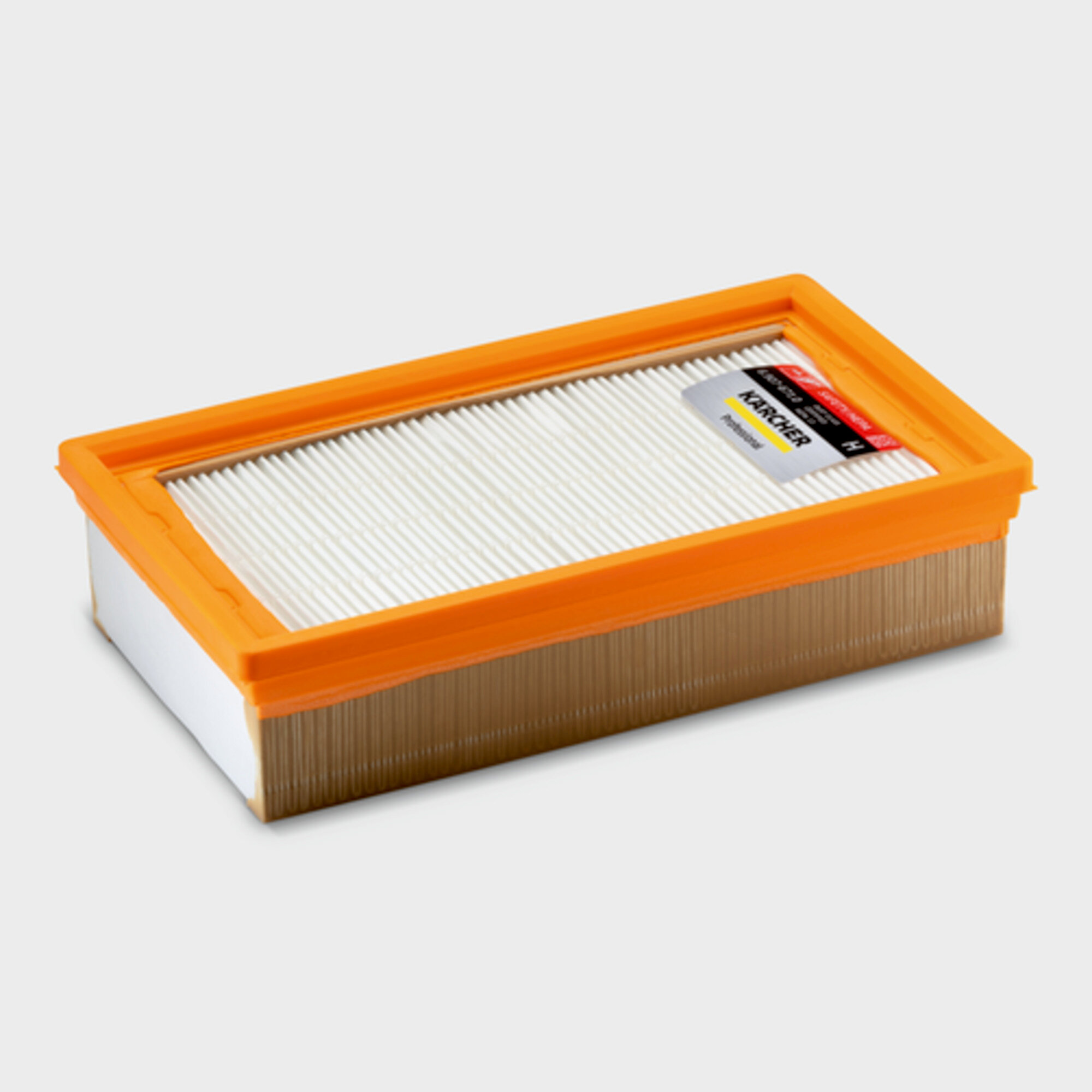 Ein rechteckiger Luftfilter mit orangefarbenem Rahmen. Der Filter ist weiß und hat vertikale Linien.