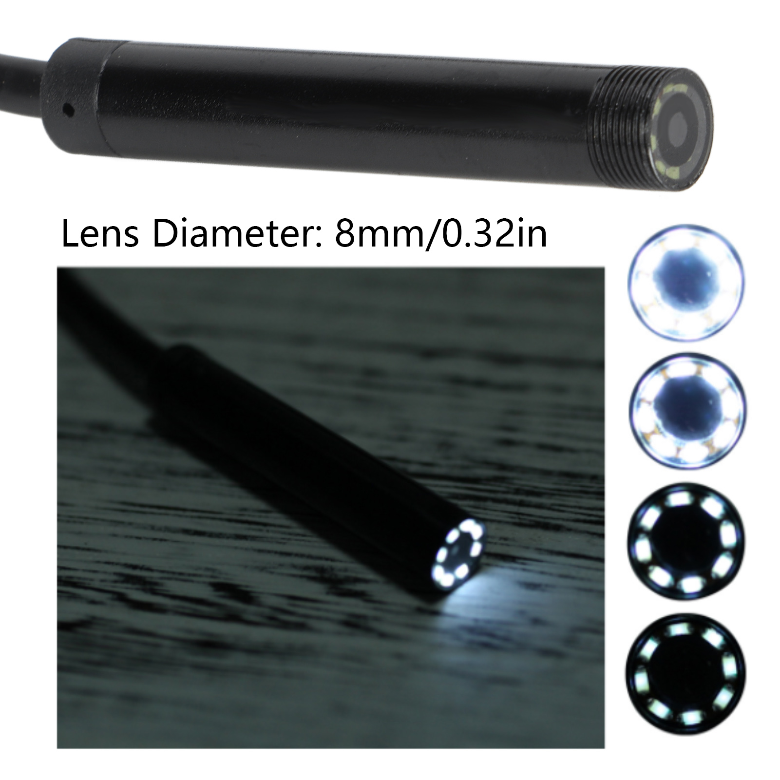 Ein Endoskop mit Licht und Linse. Daneben werden mehrere Lichtmuster angezeigt.