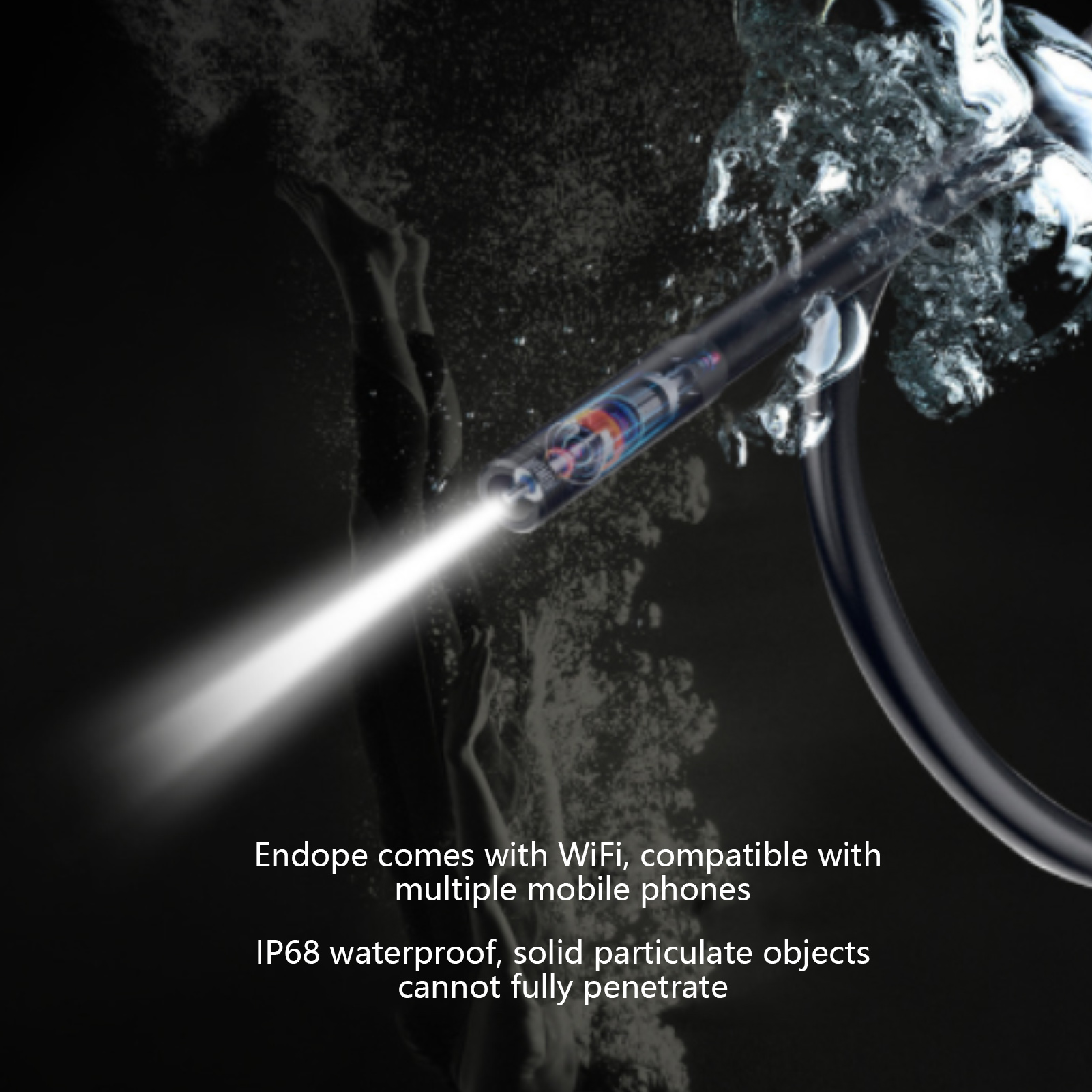 Endoskop im Wasser mit Lichtstrahl. Schwarzes Kabel. Text: WiFi, wasserdicht.
