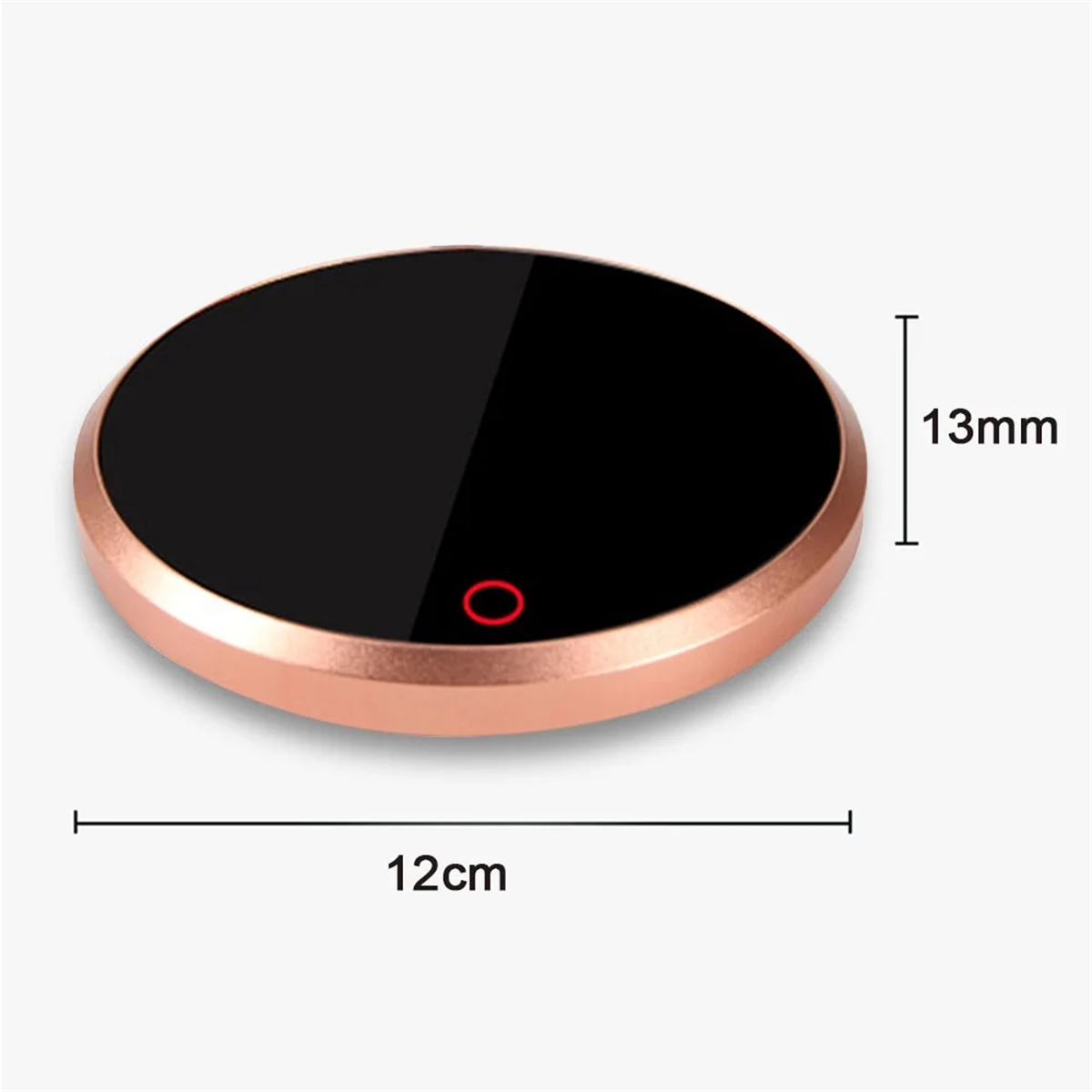 Ein roségoldenes, rundes Gerät mit schwarzer Oberfläche. Abmessungen 12cm x 13mm und 13cm x 12cm sind markiert.