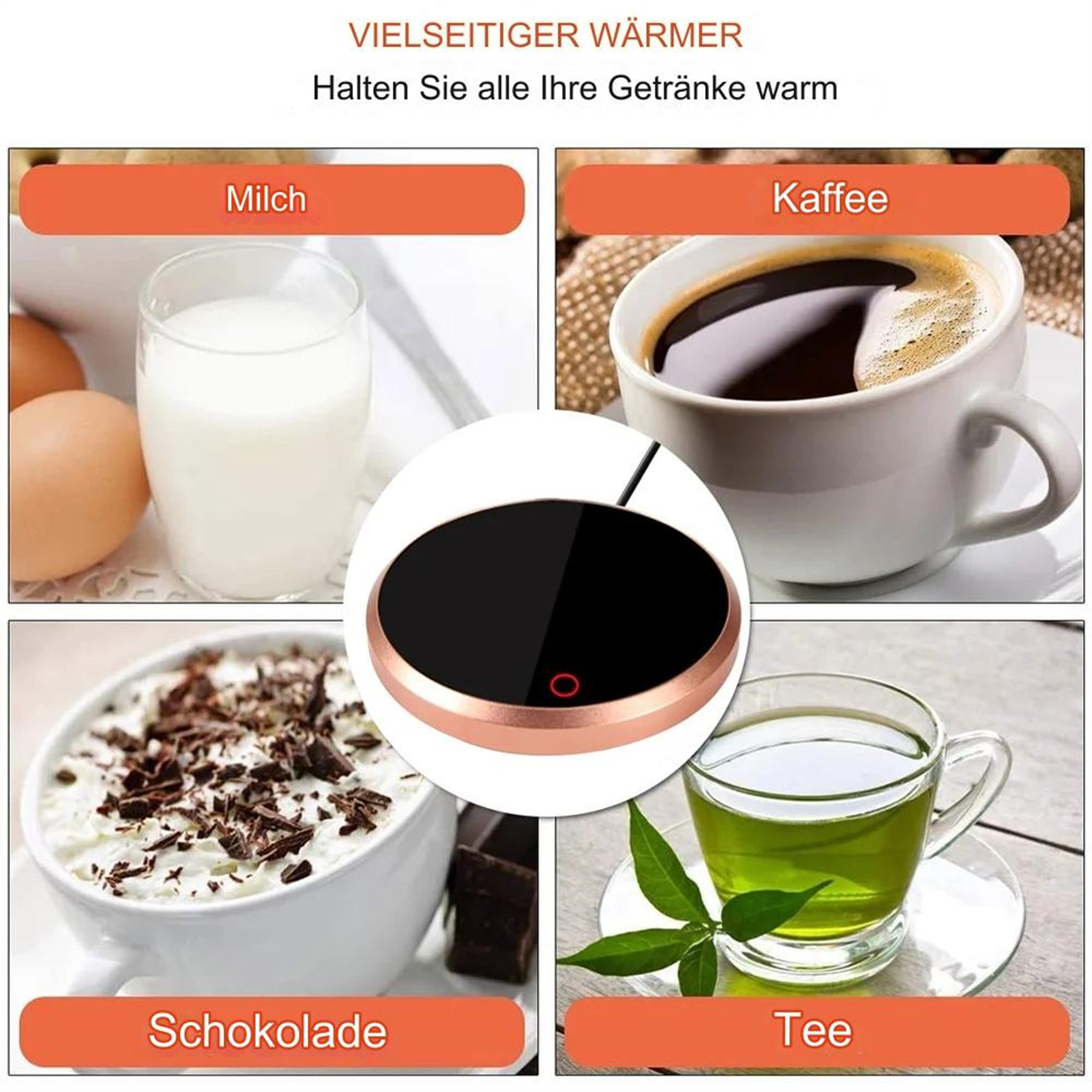 Ein Getränkewärmer mit Milch, Kaffee, Schokolade und Tee in Tassen. Ein rotes Licht leuchtet.