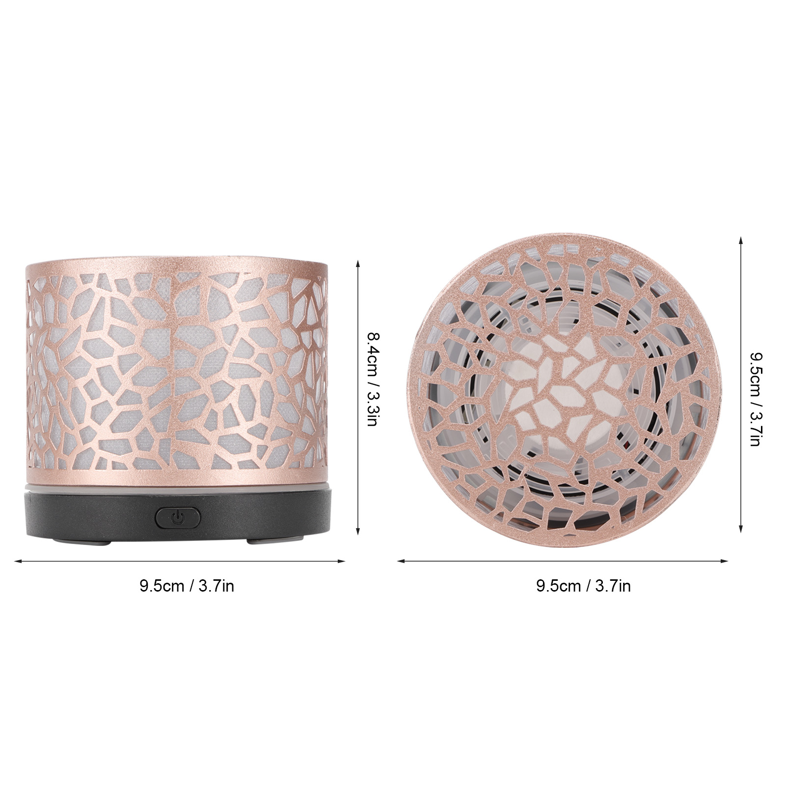 Zweiteiliger roségoldfarbener Diffusor mit weißem Innenraum und schwarzem Sockel. Abmessungen.