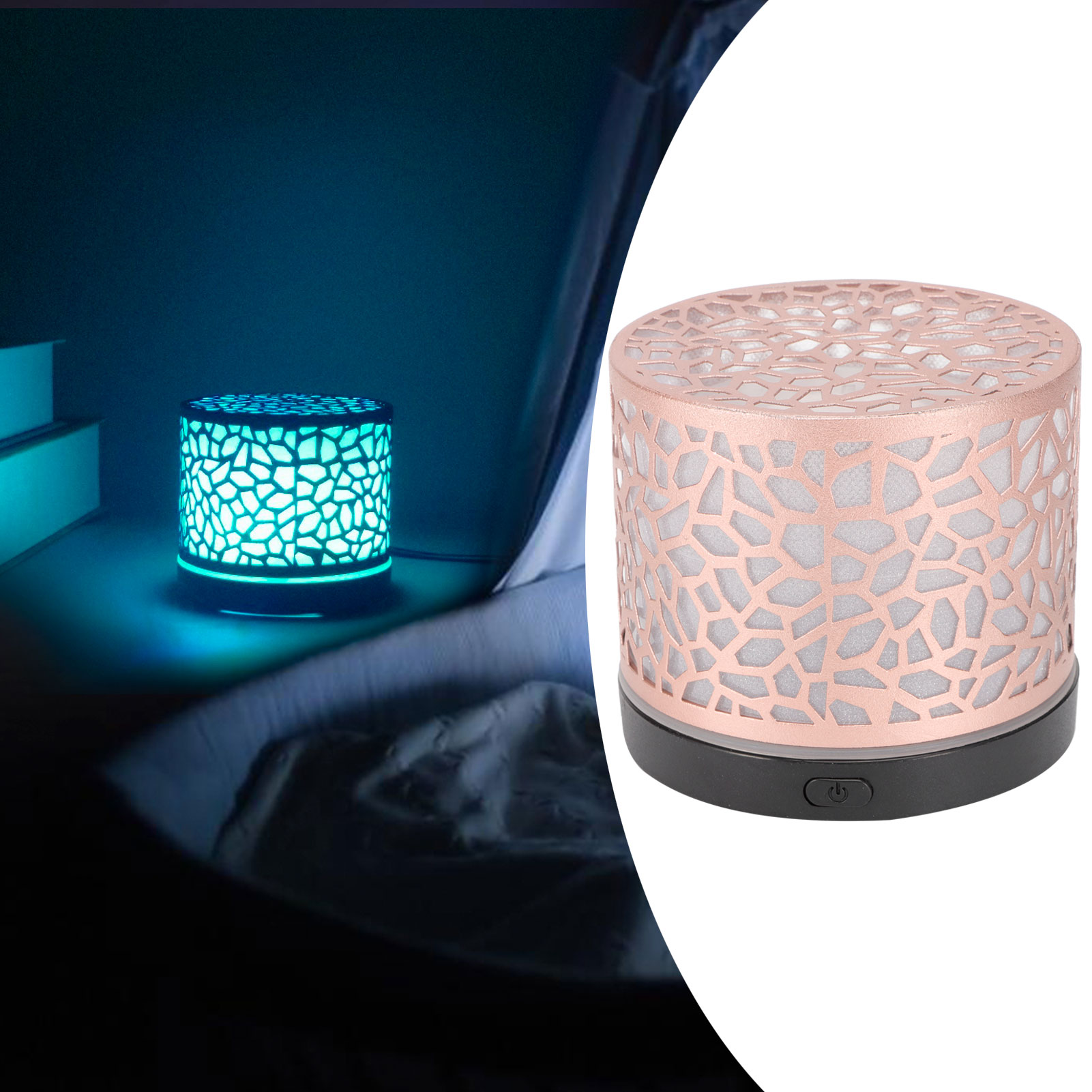Zylindrischer Luftdiffusor mit kupferfarbenem Gitterdesign, schwarzem Sockel und blauem Licht.