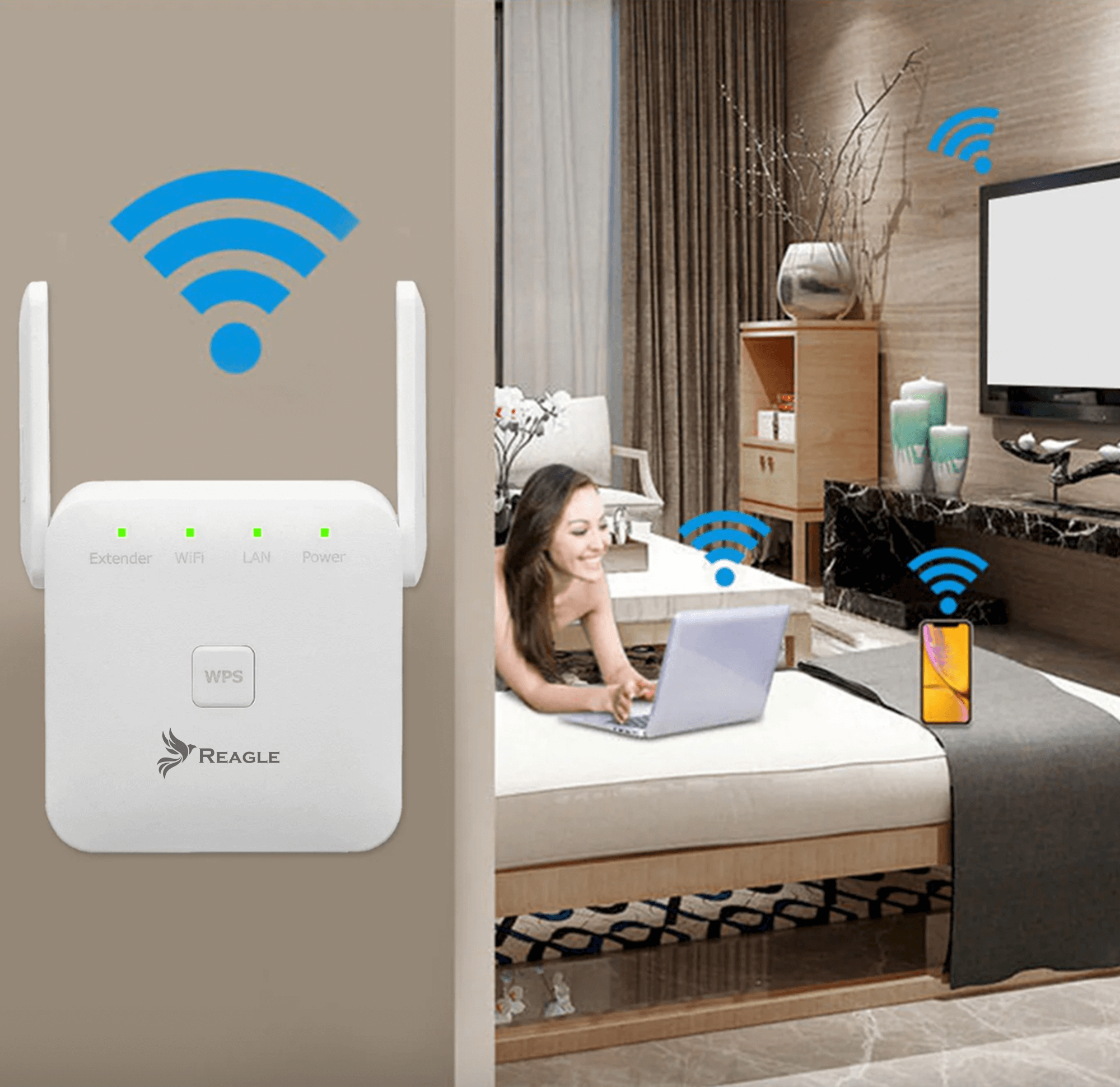 Biały wzmacniacz wifi z antenami. Kobieta korzysta z laptopa w pobliżu. Pokazano ikony sygnału wifi.