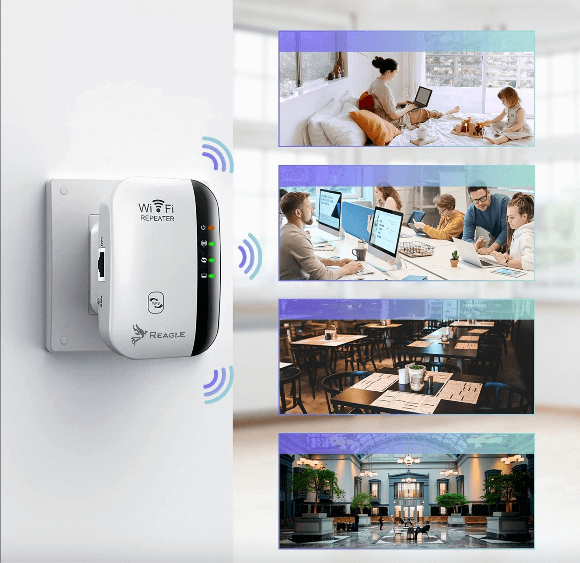 Wzmacniacz Wi-Fi podłączony do gniazdka ściennego. Obrazy osób korzystających z komputerów w różnych ustawieniach.