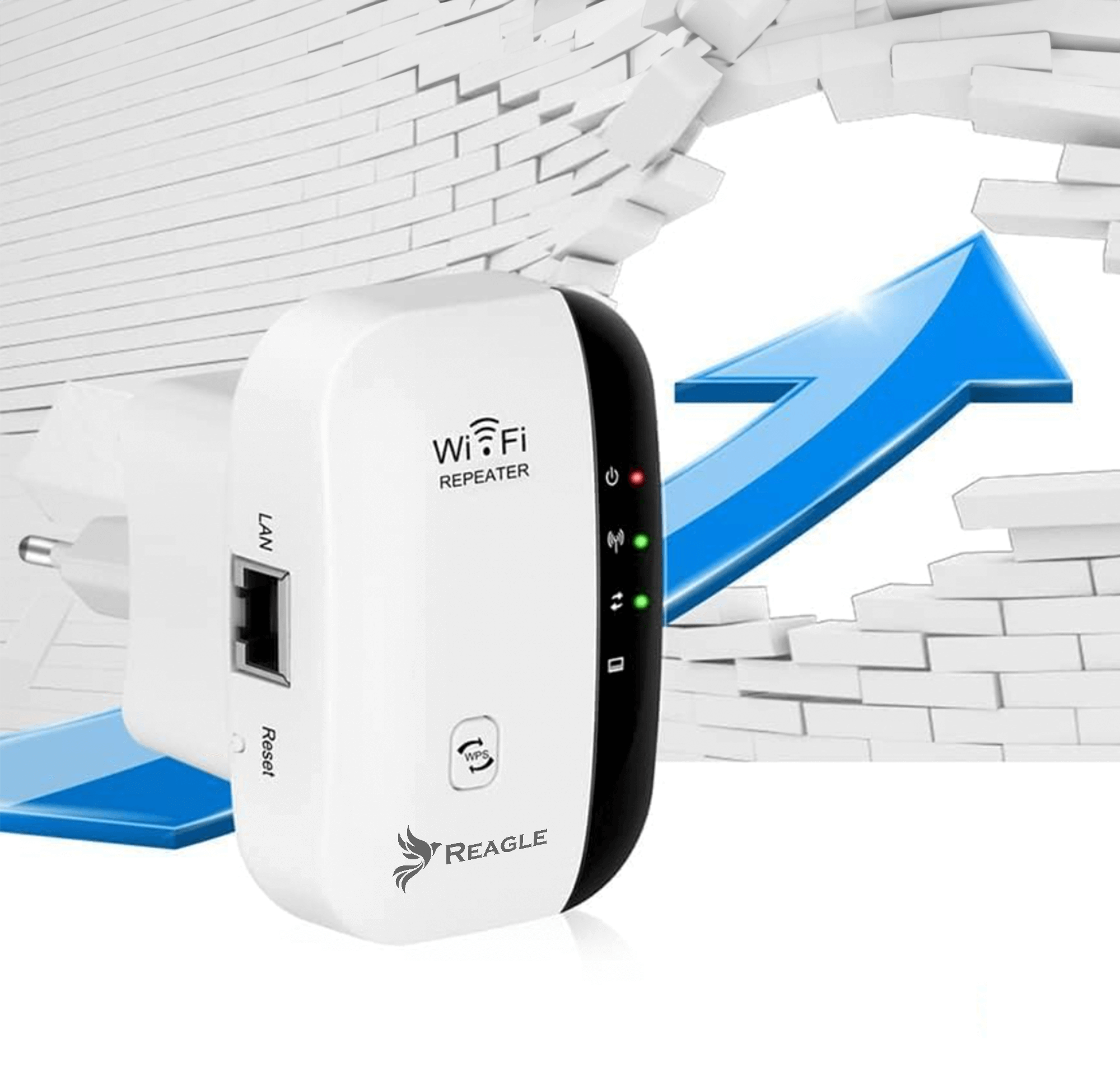 Biały wzmacniacz WiFi z czarnymi akcentami wpięty w ścianę, niebieska strzałka i symbol WiFi.