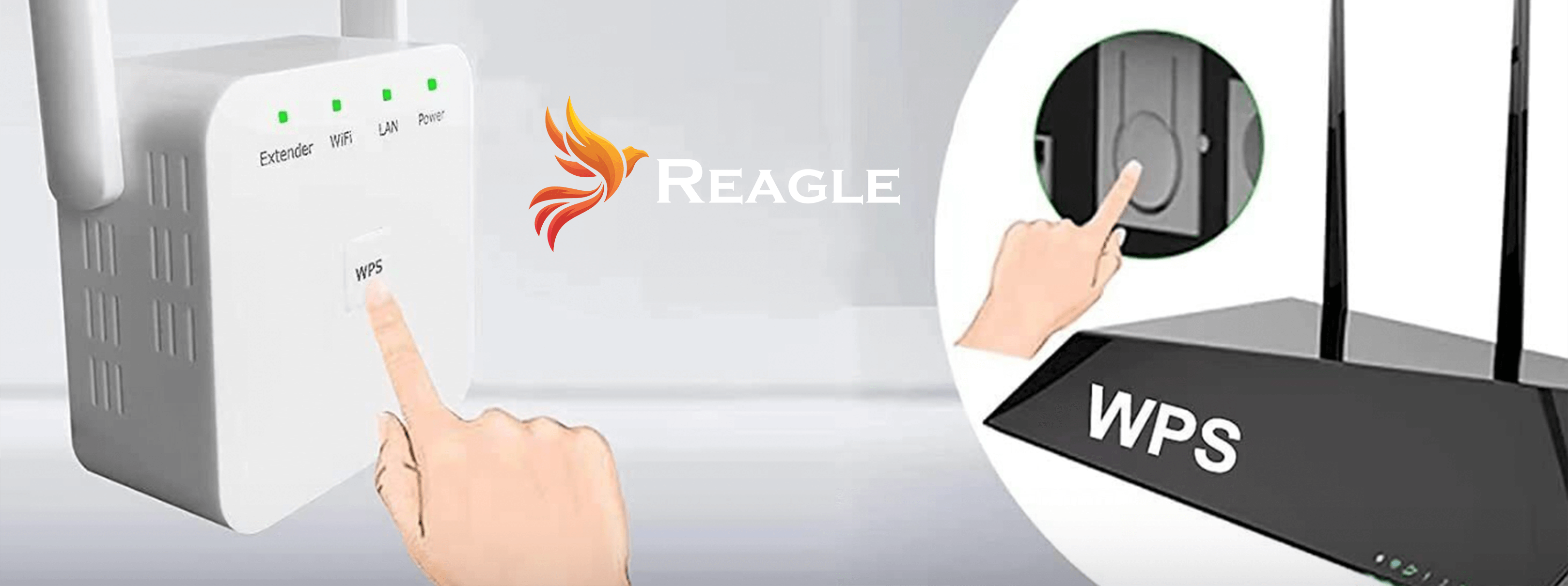 Ręce naciskające przyciski WPS na routerze i przedłużaczu, z logo Reagle.