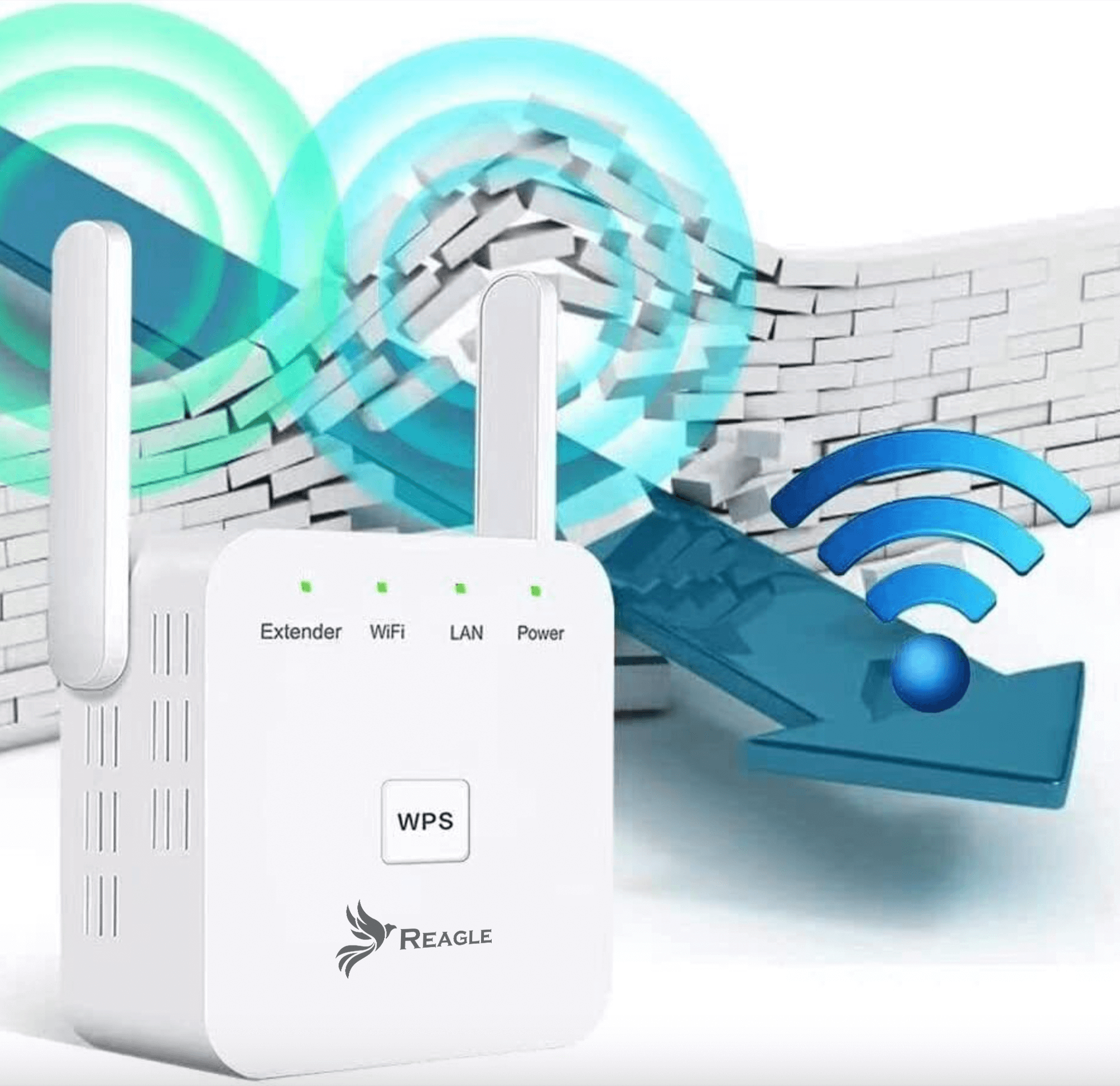 Biały wzmacniacz Wi-Fi z antenami, niebieskim symbolem Wi-Fi i tłem białej ceglanej ściany.