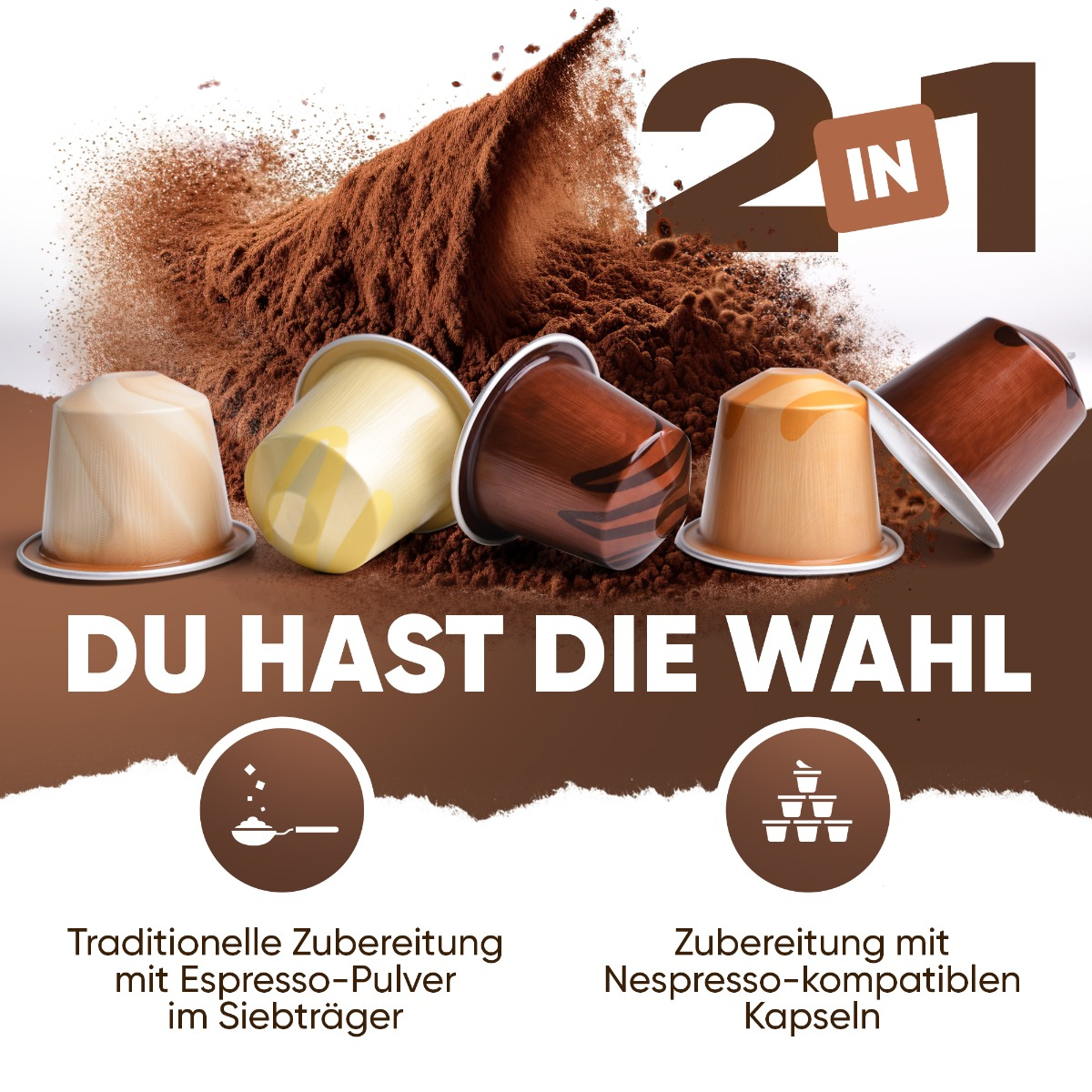 Kapsułki do kawy w różnych kolorach, z tekstem "DU HAST DIE WAHL" i instrukcjami przygotowania.