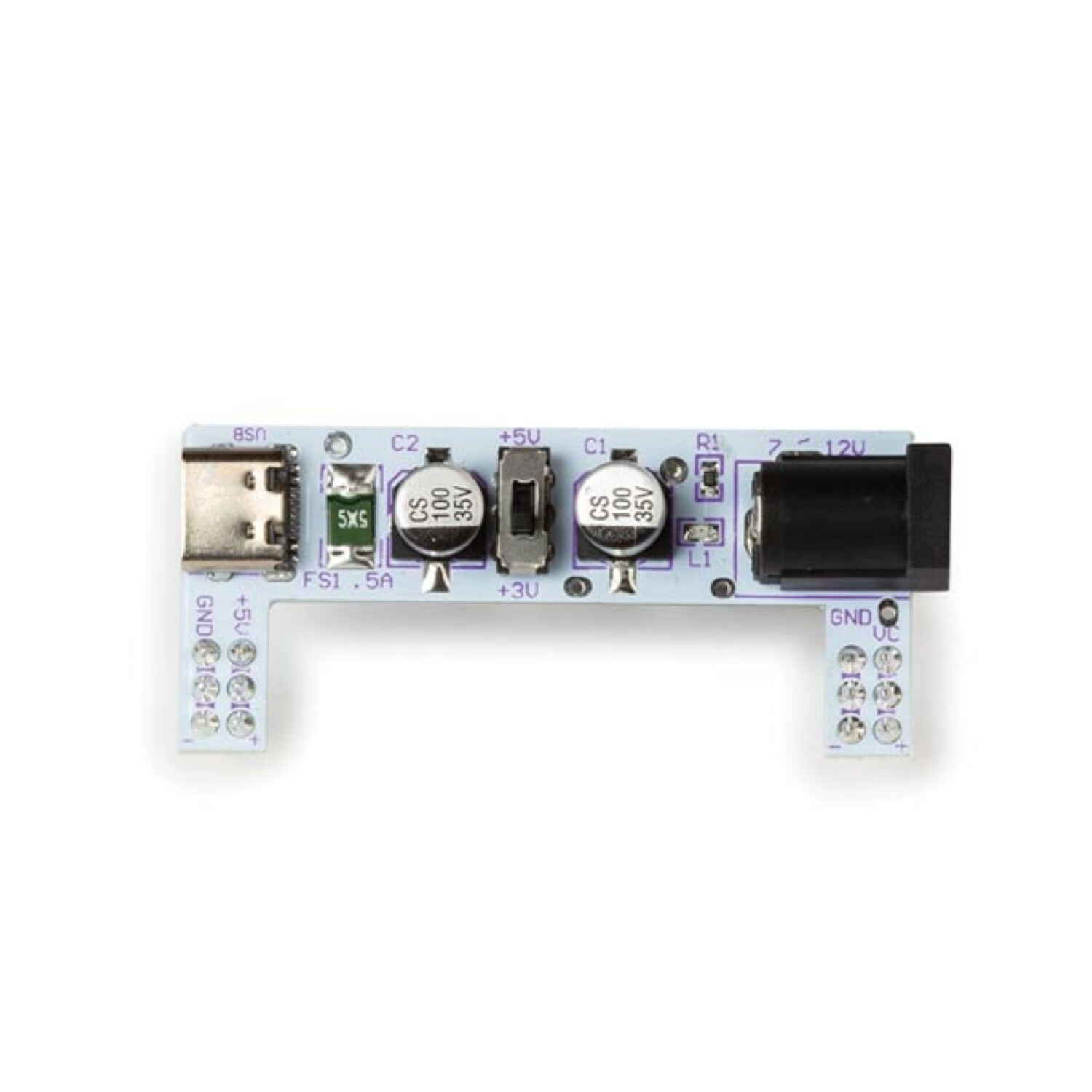 Eine kleine elektronische Leiterplatte mit mehreren Komponenten, einschließlich USB-Anschluss und Steckern.