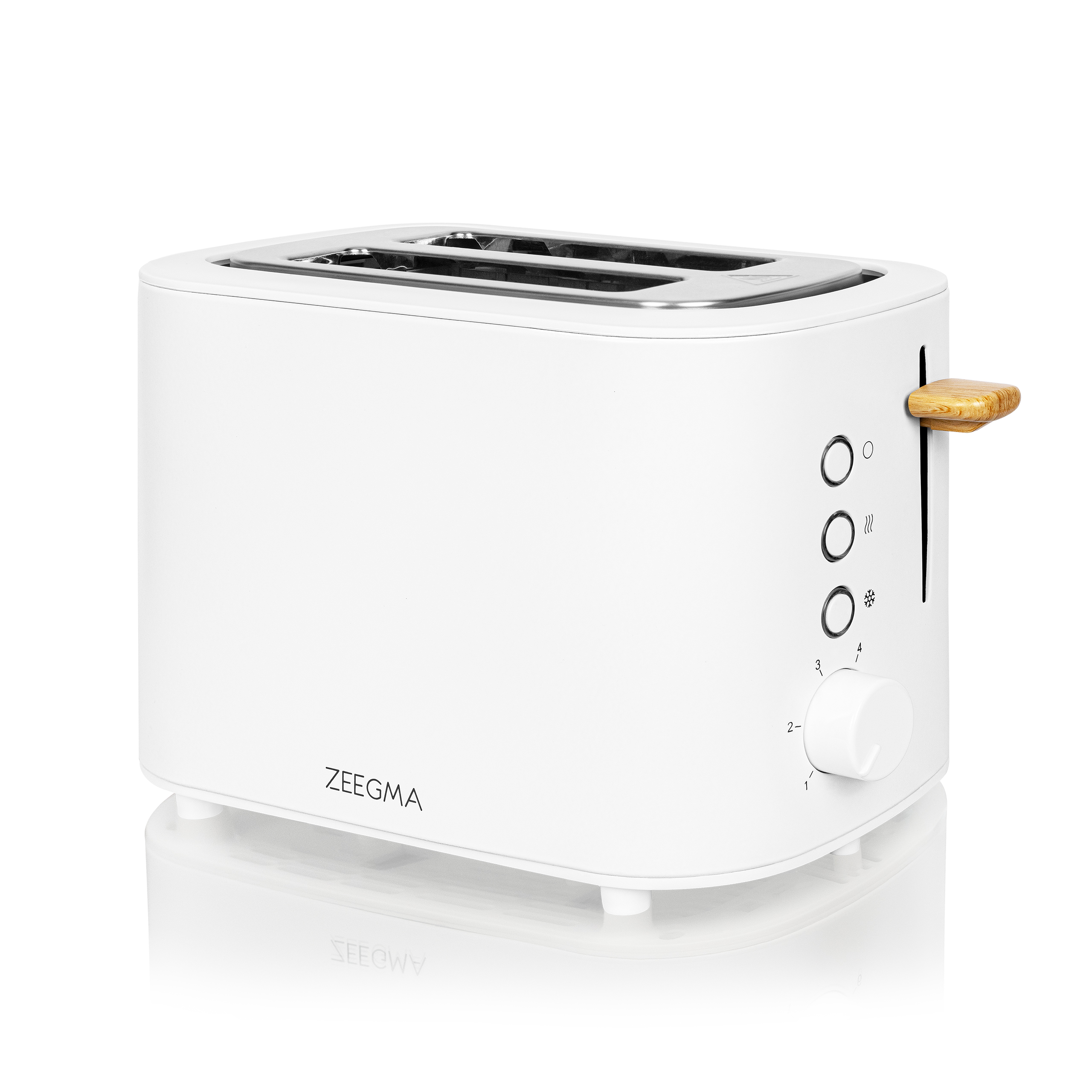 Biały toster z drewnianą rączką. Trzy przyciski i pokrętło. Marka Zeegma.