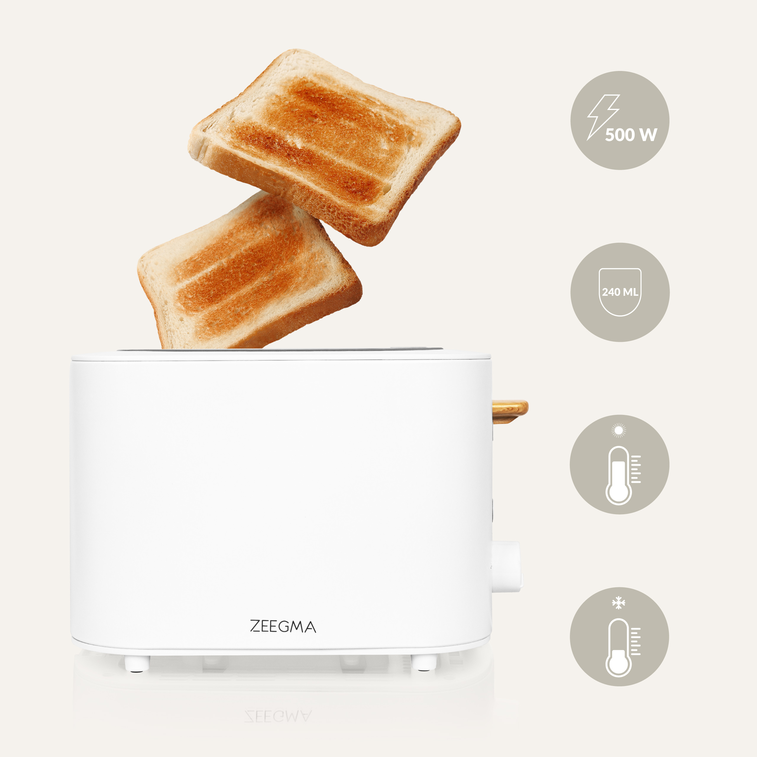 Biały toster z dwoma kromkami tostowanego chleba. Ikony wskazują moc, poziom wody i temperaturę.