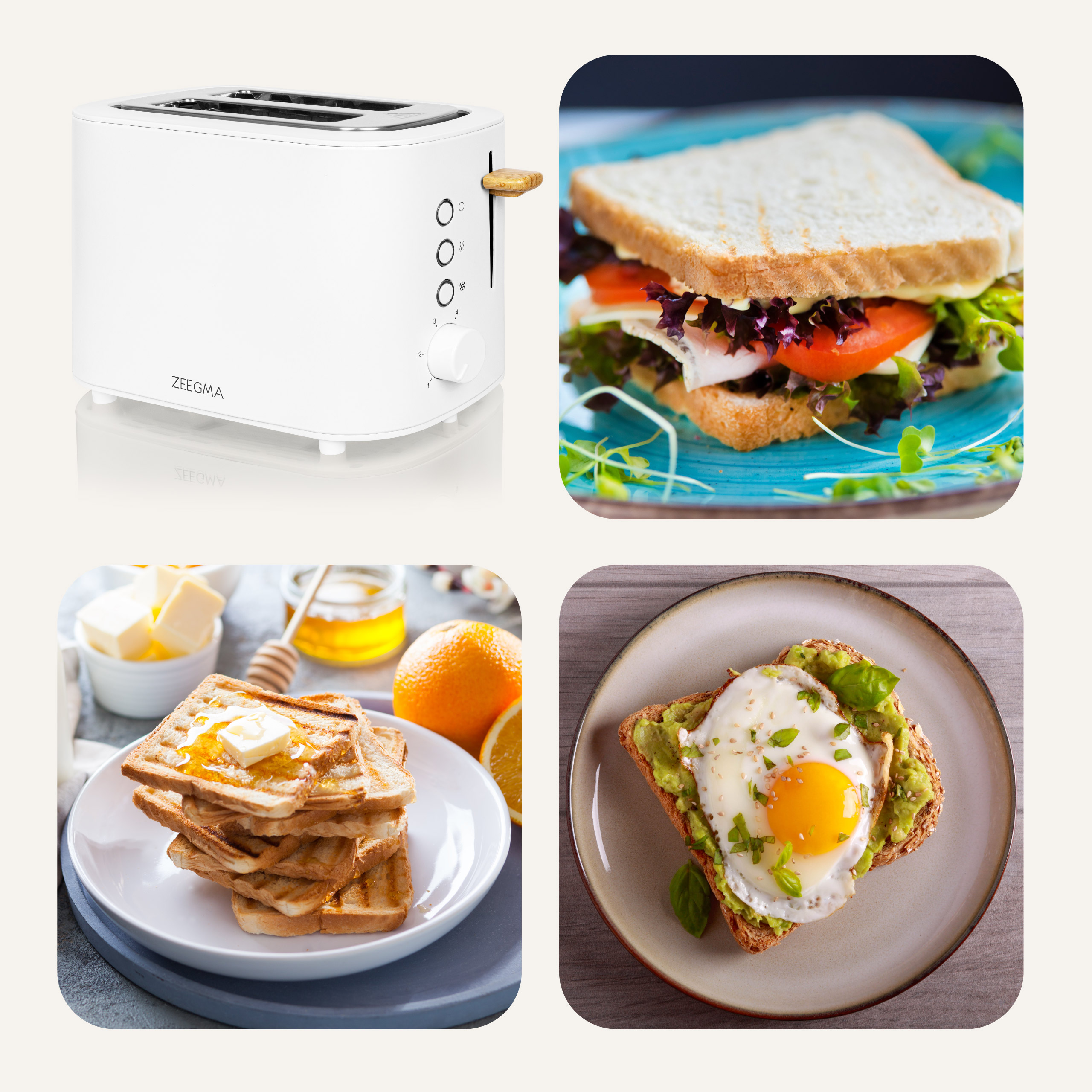 Toster i różne produkty spożywcze: kanapki, tosty z masłem i tosty z awokado.