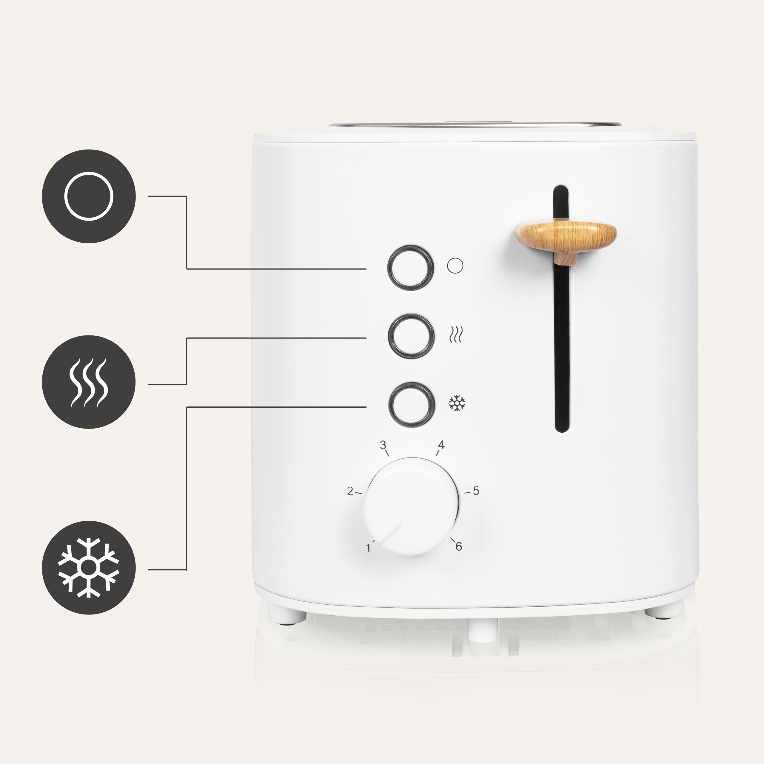 Biały toster z przyciskami sterowania, dźwignią i ikonami funkcji.