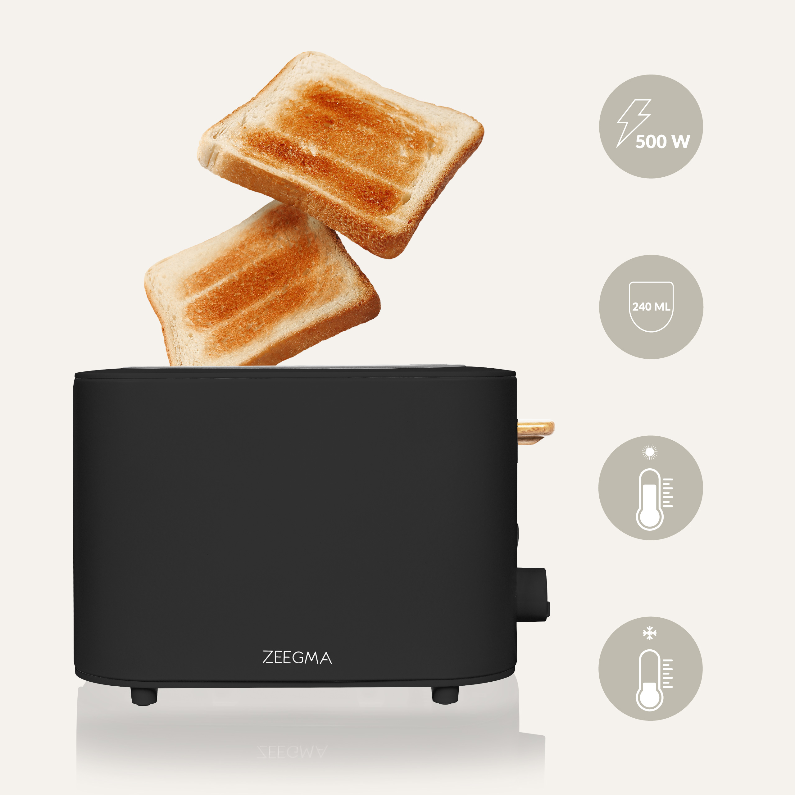 Czarny toster z dwoma kawałkami tostów w powietrzu oraz ikonami mocy i temperatury.