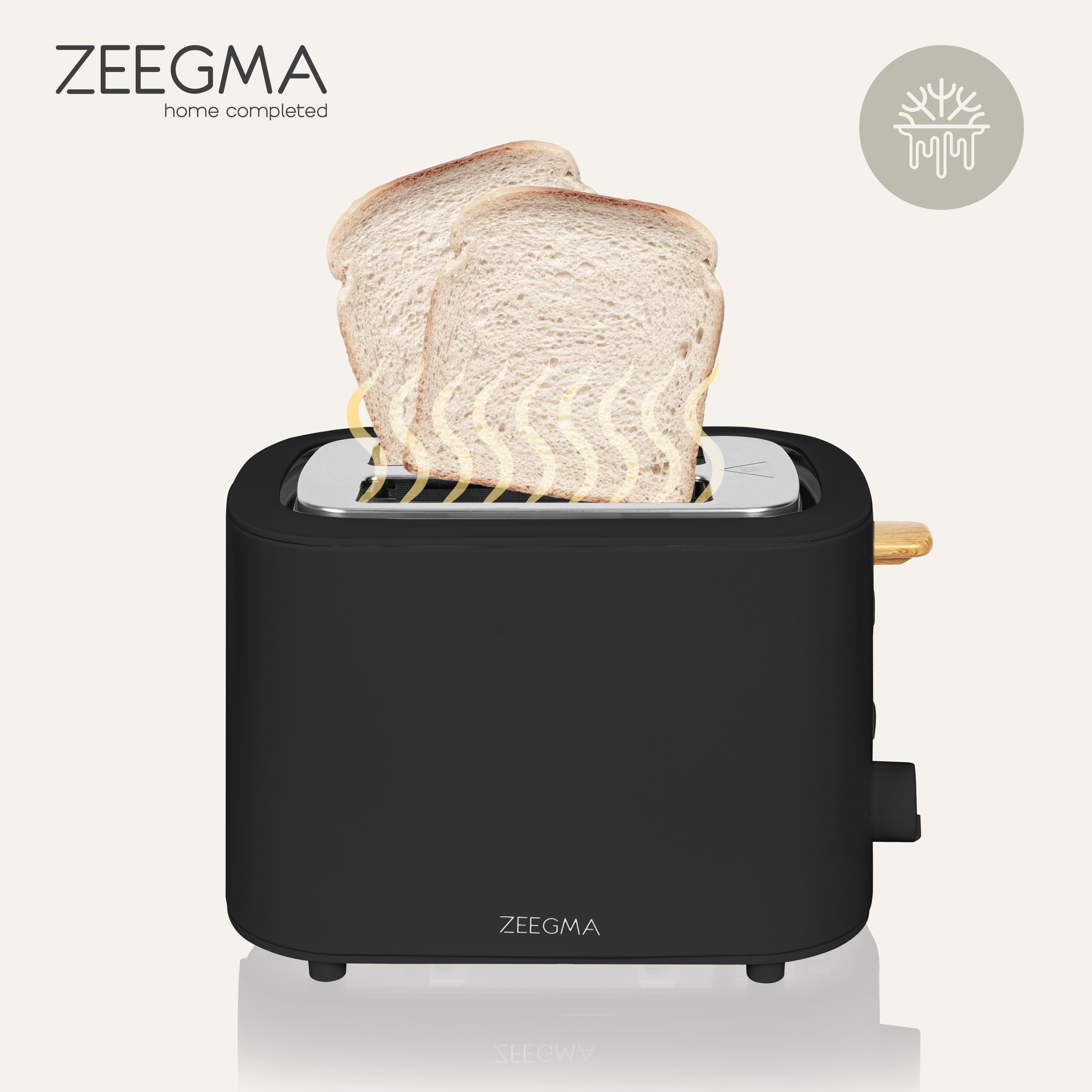 Czarny toster z dwoma kromkami chleba. Pokazano logo Zeegma i symbol zamrażania.