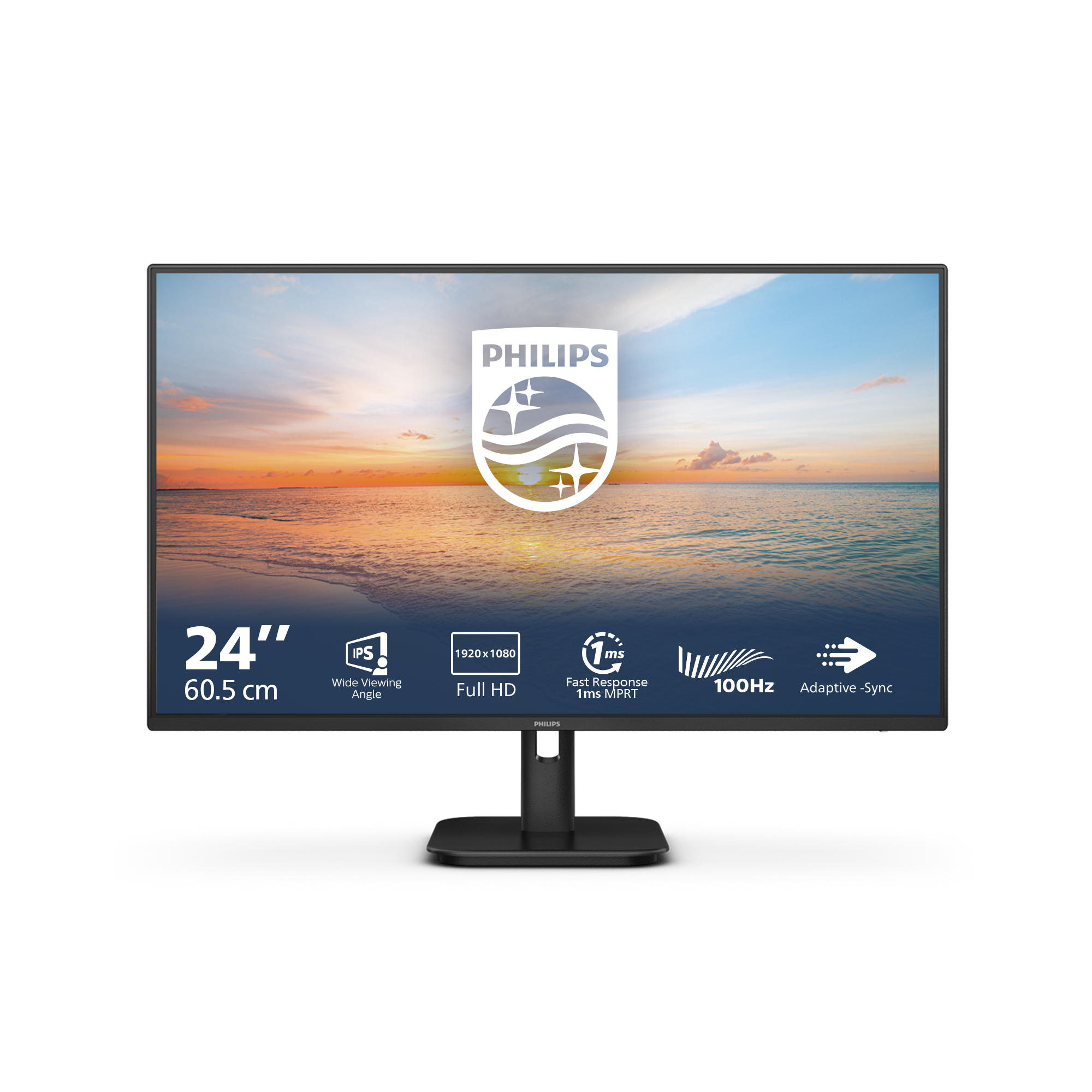 24-calowy monitor Philips. Funkcje obejmują 1920x1080, IPS i 100Hz. Wyświetla zachód słońca nad wodą.