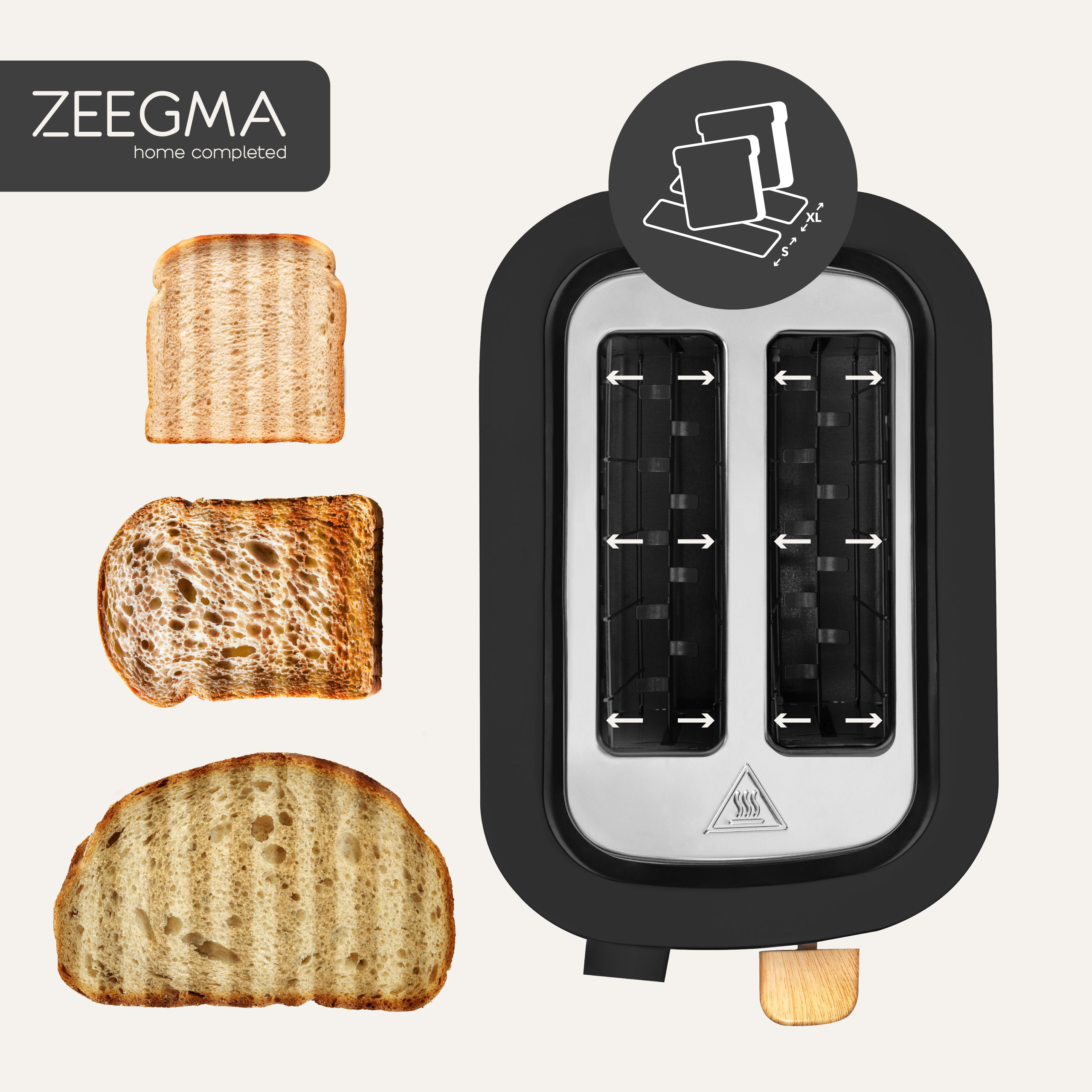 Toster Zeegma z trzema kromkami chleba, pokazujący różne stopnie opiekania, i czarną obudową.