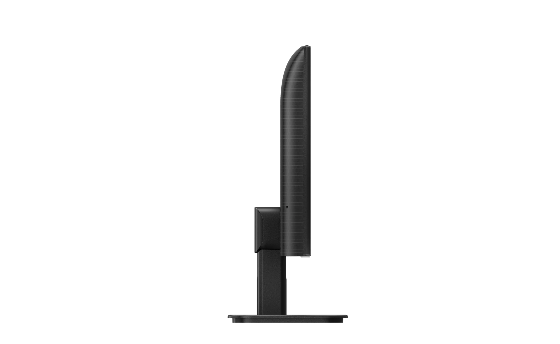 Widok z boku czarnego monitora na czarnym stojaku na czarnym tle.