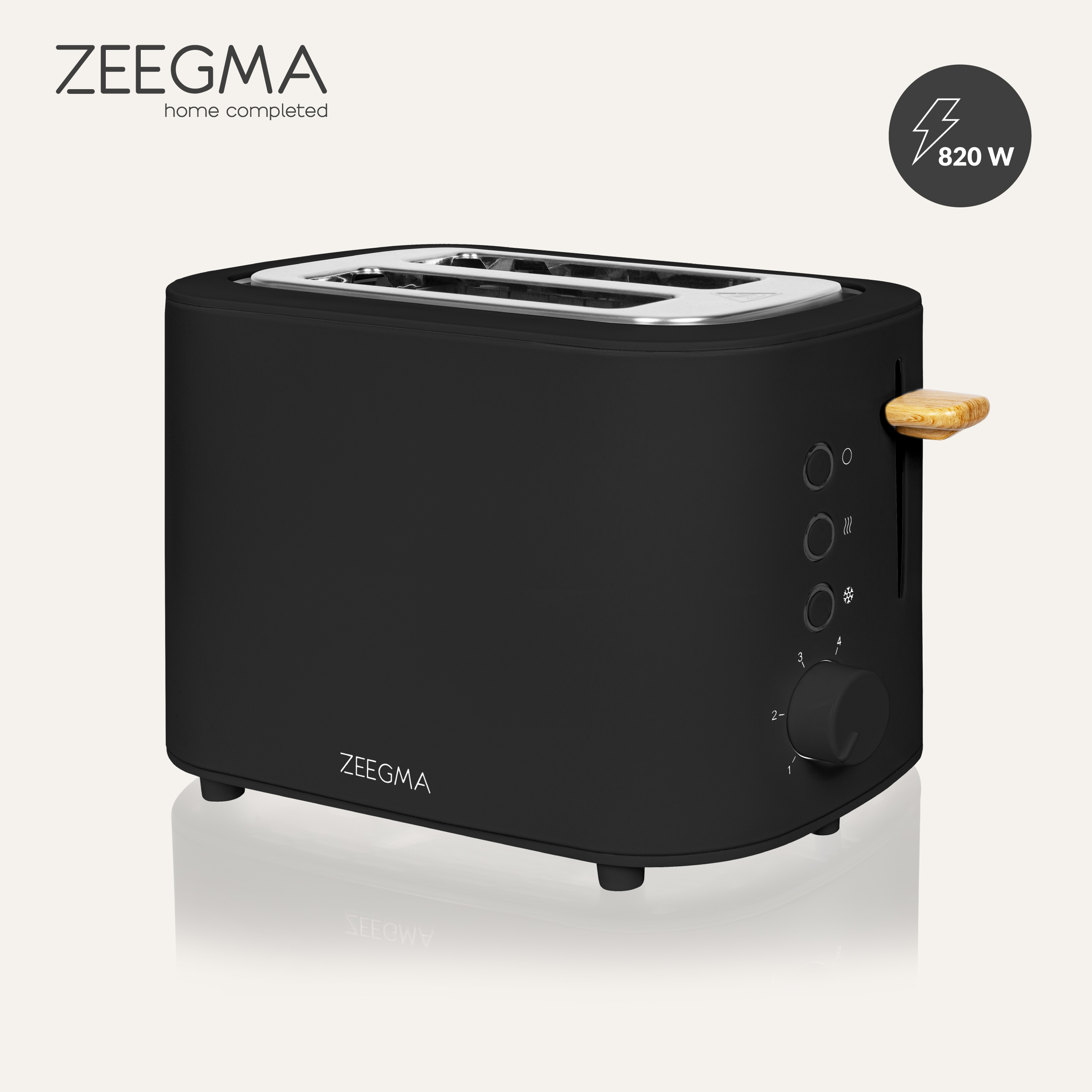 Czarny toster z drewnianym uchwytem, lampkami kontrolnymi, białe tło.