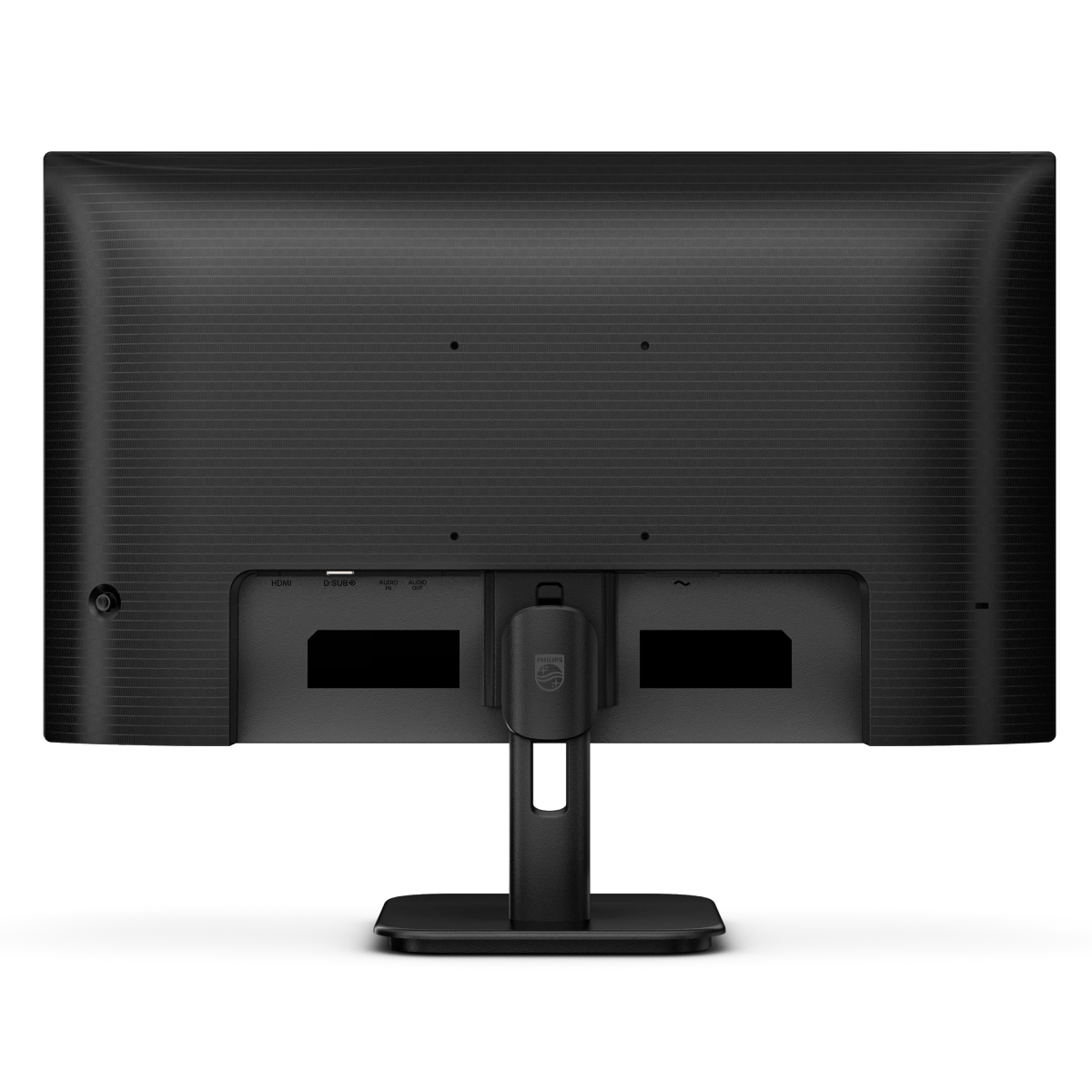 Tył czarnego monitora komputerowego z portami HDMI i zasilania, zamontowany na czarnym stojaku.