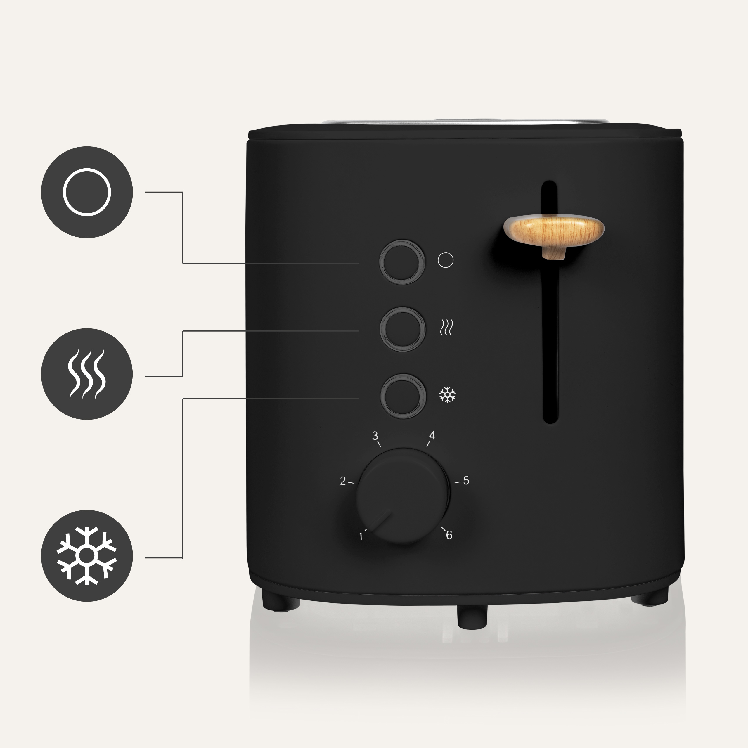 Czarny toster z elementami sterującymi i ikonami na białym tle.