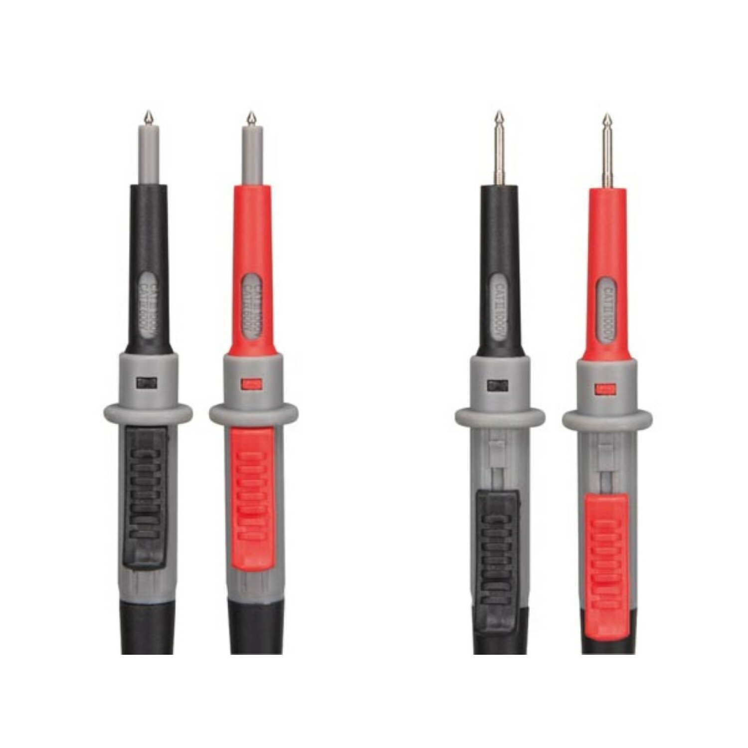 Vier elektrische Multimeter-Messleitungen. Zwei schwarz und zwei rot mit Metallspitzen.