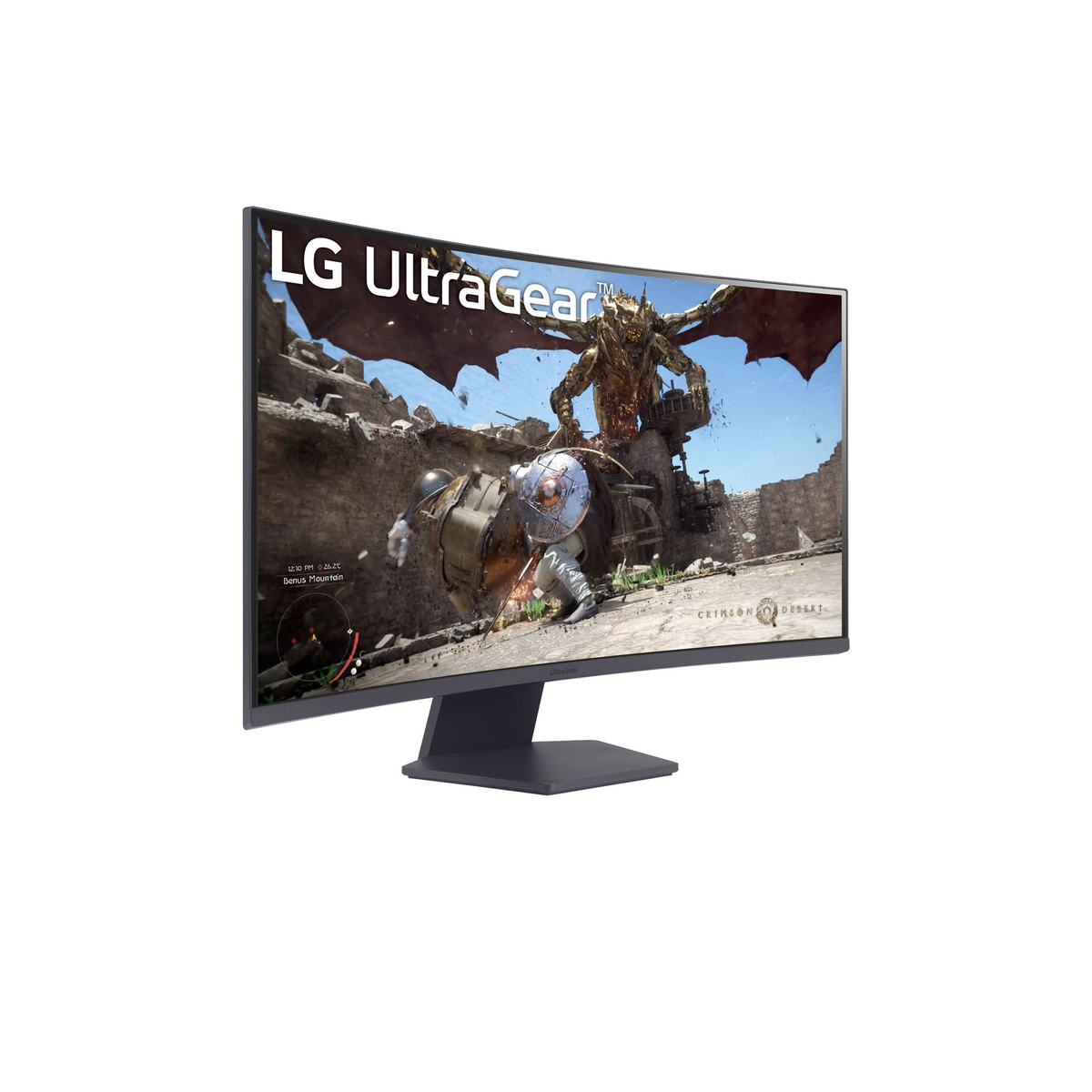 LG UltraGear monitor met een game scene. Het scherm staat op een zwarte standaard.