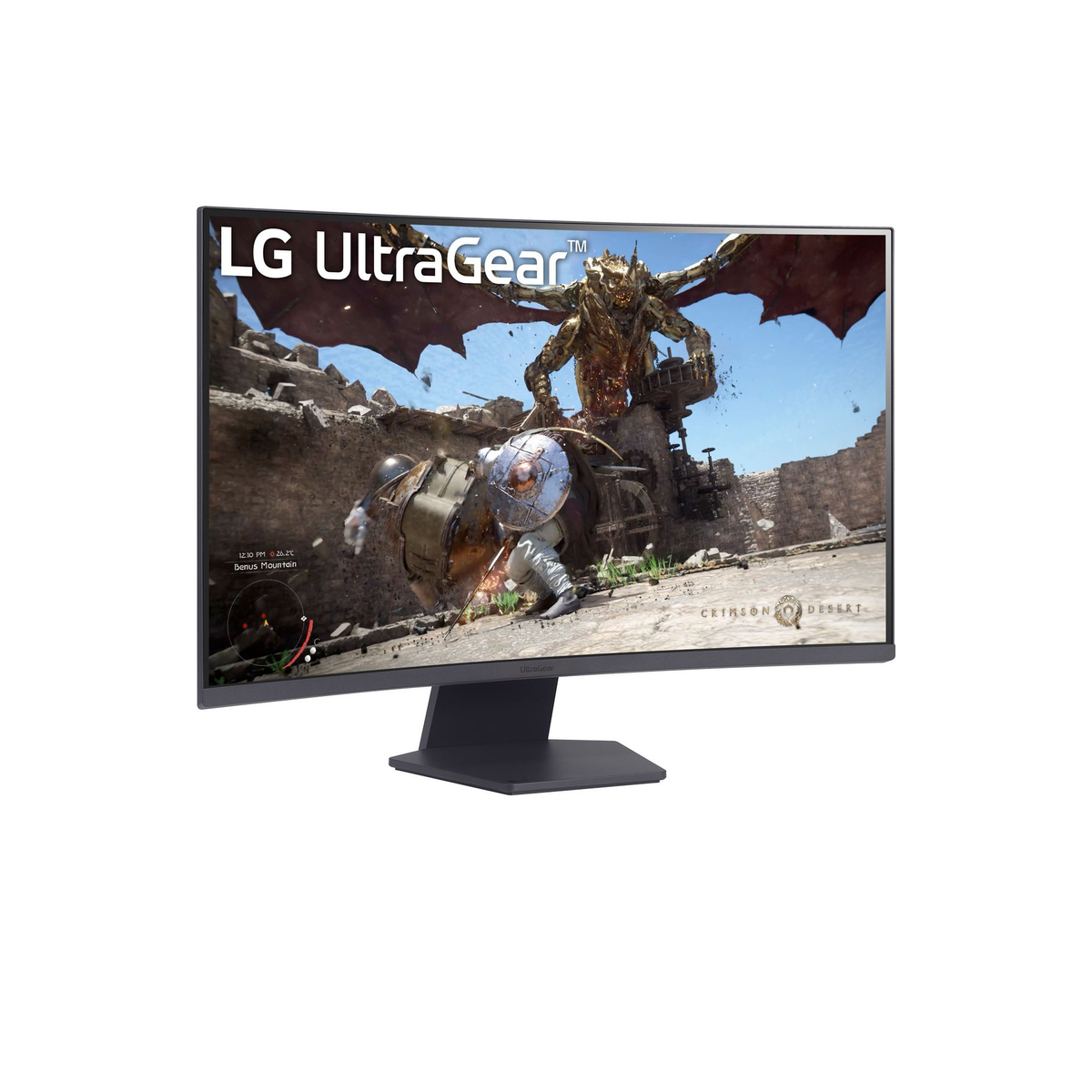 Een LG UltraGear monitor toont een game scene. Een draakachtig wezen staat op de achtergrond. Een persoon vecht.