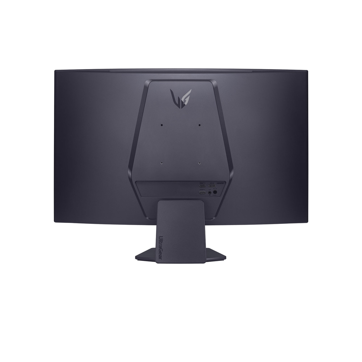 Achterkant van een monitor met poorten en een standaard. Grijs en zwart. Witte achtergrond.