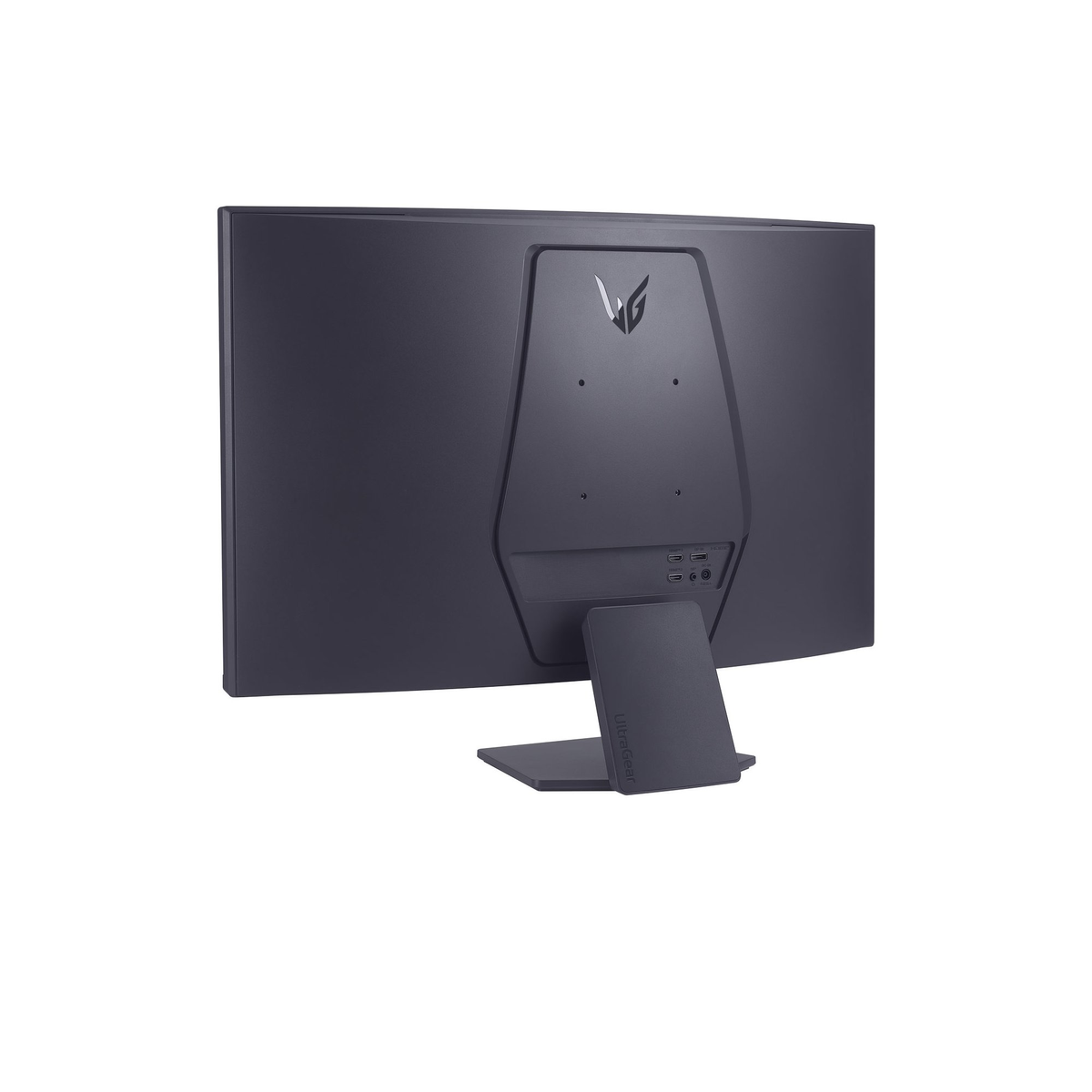 Achterkant van een donkere monitor met poorten en standaard. De standaard ondersteunt de monitor.