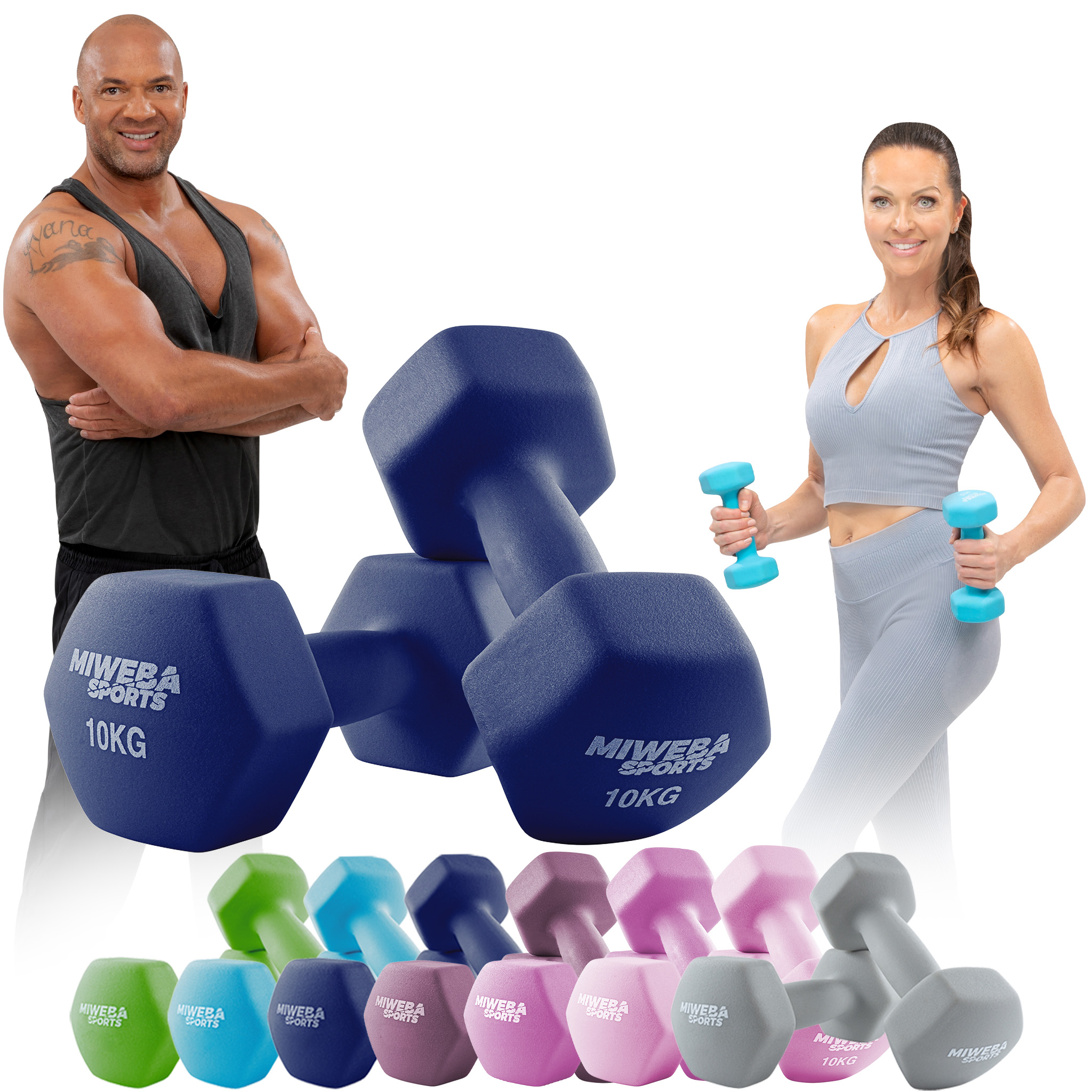 Zwei Personen stehen mit Kurzhanteln. Eine Vielzahl von Kurzhanteln wird gezeigt.