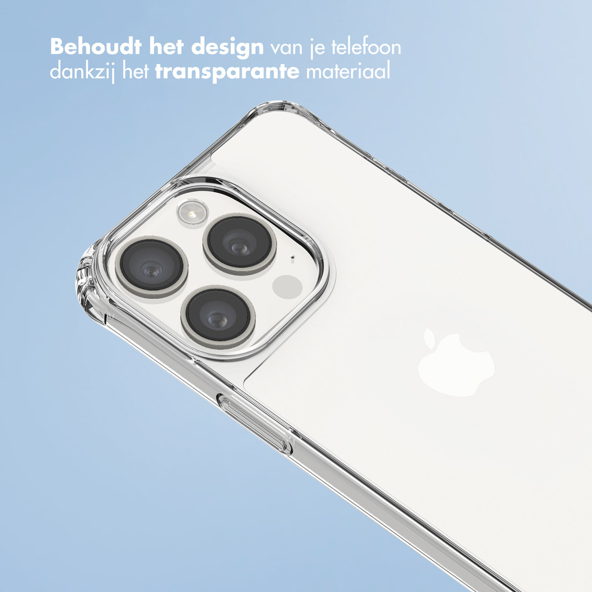 Transparante telefoonhoes op een witte telefoon. Tekst: 'Behoudt het ontwerp van je telefoon'.