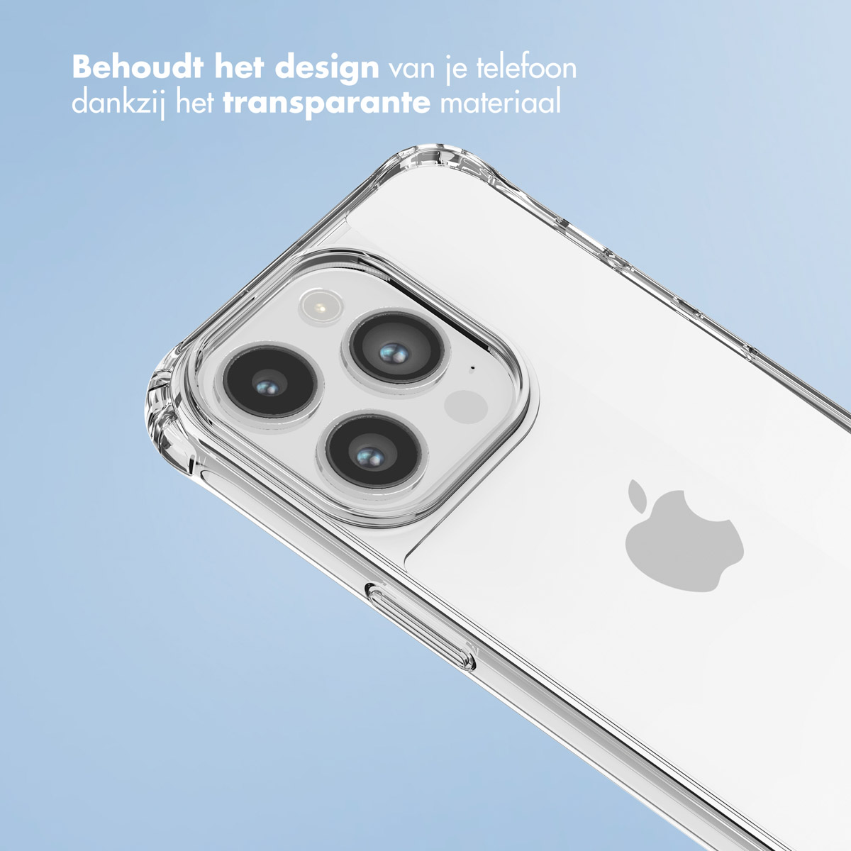Een doorzichtige telefoonhoes op een lichtblauwe achtergrond, die de camera en de behuizing van de telefoon toont.