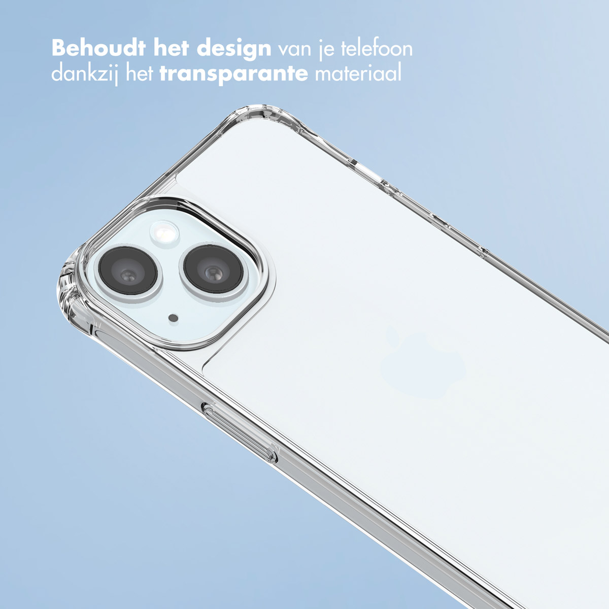 A clear phone case on a light blue background, covering a smartphone. The case is transparent.