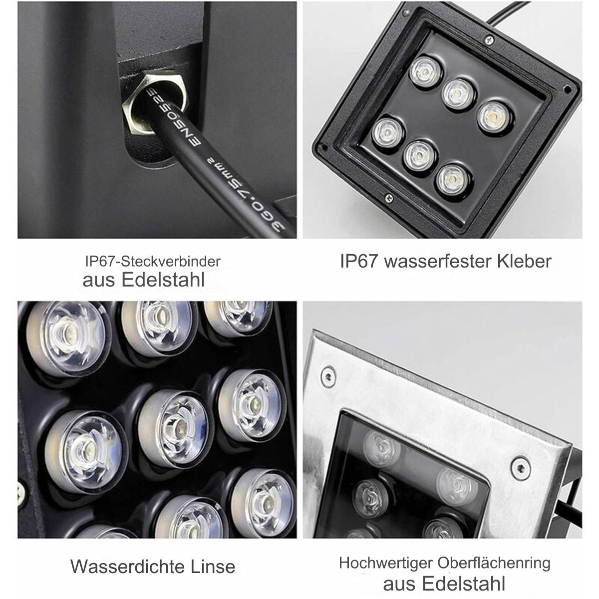 Nahaufnahmen von LED-Leuchten und Anschlüssen. Enthält IP67-Anschlüsse, wasserdichte Linse und Stahlring.