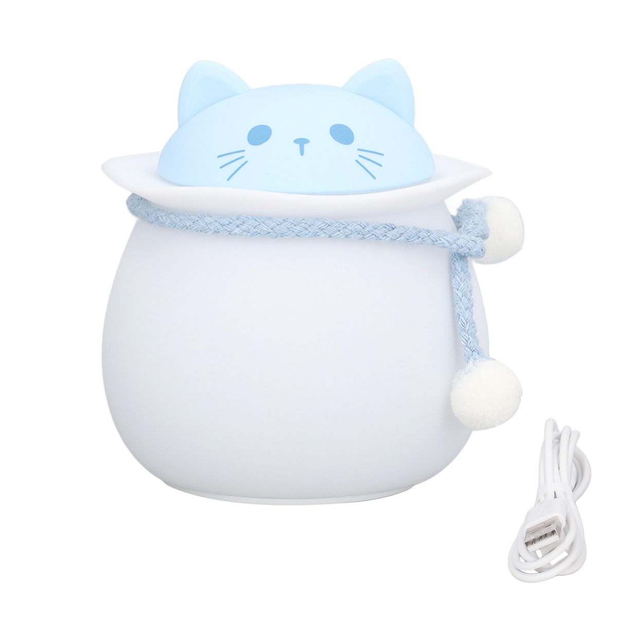 Ein weißes, katzenförmiges Nachtlicht mit blauen Akzenten und einem blauen Seil. Es hat ein USB-Kabel.