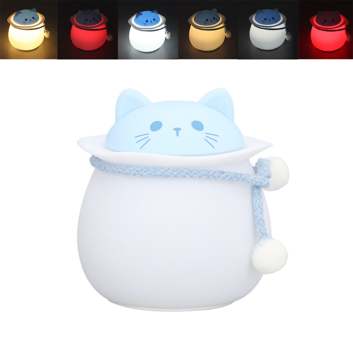 Weiße katzenförmige Lampe mit blauem Katzengesicht oben und blauem Seil.