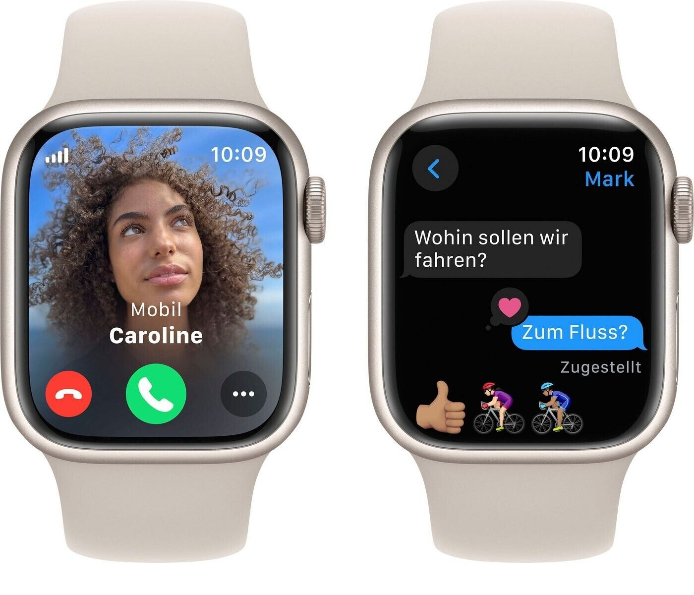 Smartwatch zeigt einen Videoanruf mit Text und eine Messaging-App mit Text und Emojis.