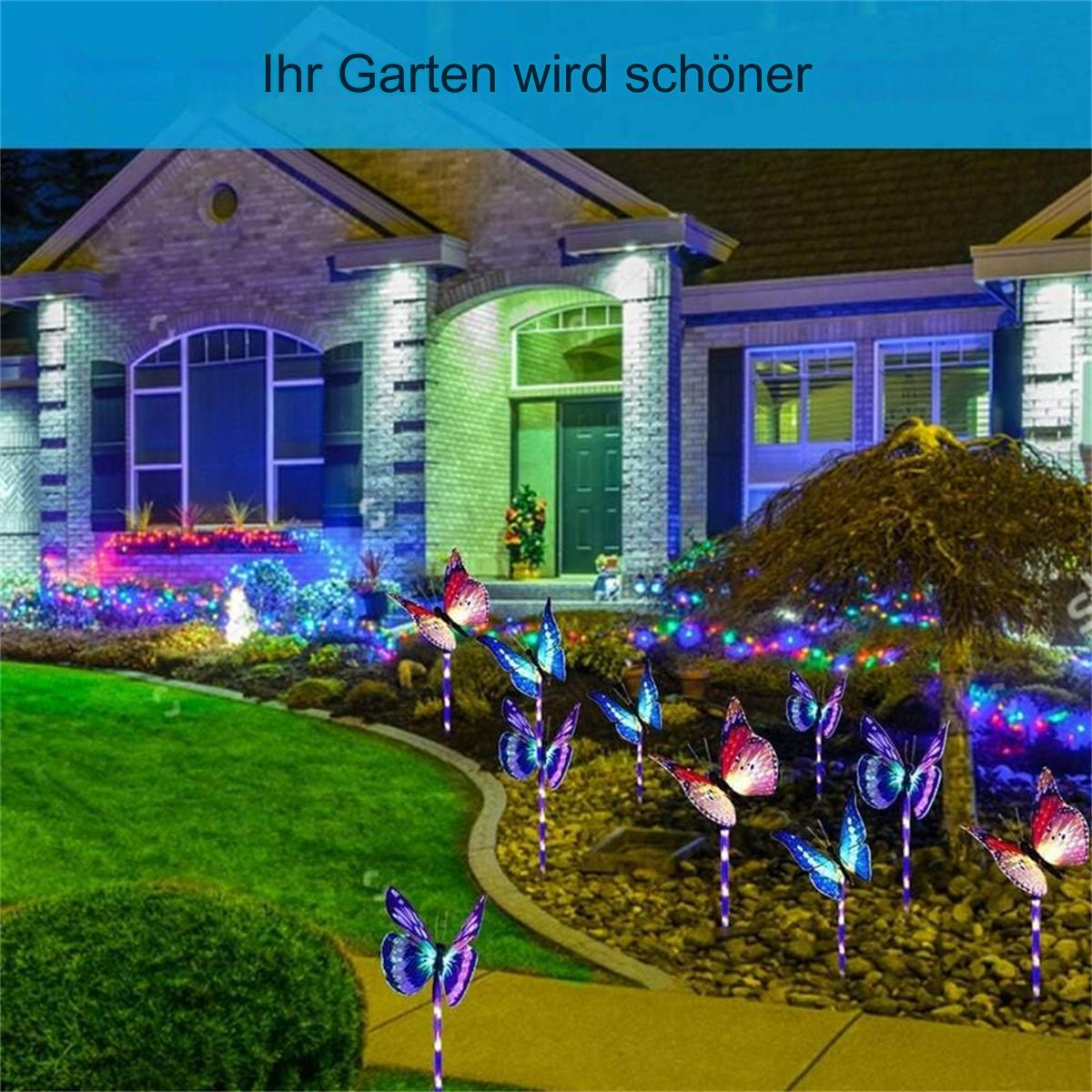 Haus bei Nacht, mit bunten Lichtern, Schmetterlingen und Text: Ihr Garten wird schöner.